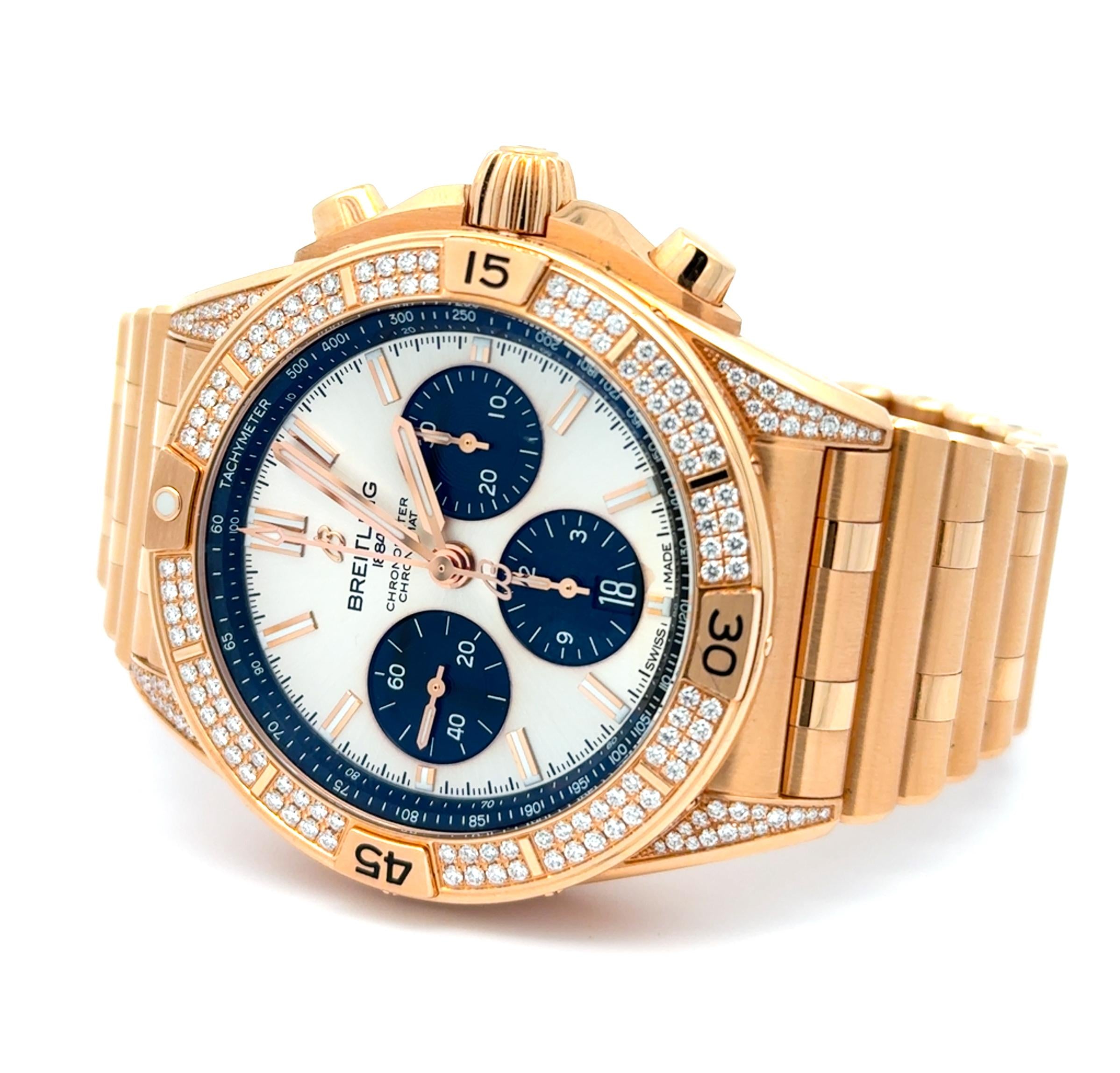 Breitling Chronomat RB0134 42mm 18k Rose Gold Diamond Bezel Lugs Watch w/ Box