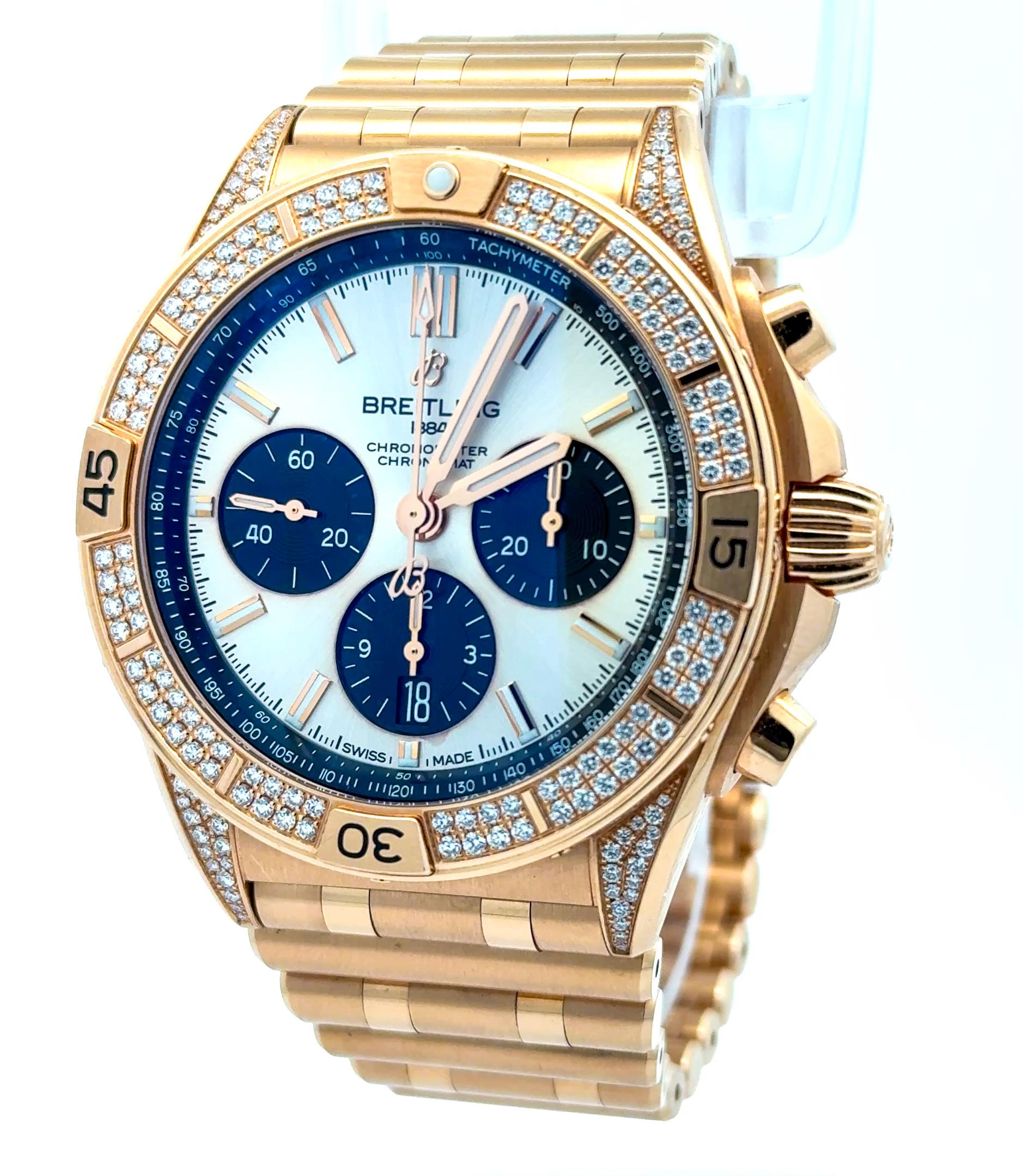 Breitling Chronomat RB0134 42mm 18k Rose Gold Diamond Bezel Lugs Watch w/ Box