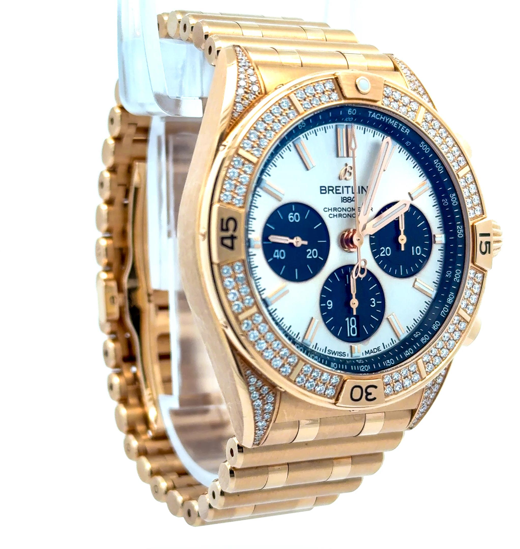Breitling Chronomat RB0134 42mm 18k Rose Gold Diamond Bezel Lugs Watch w/ Box