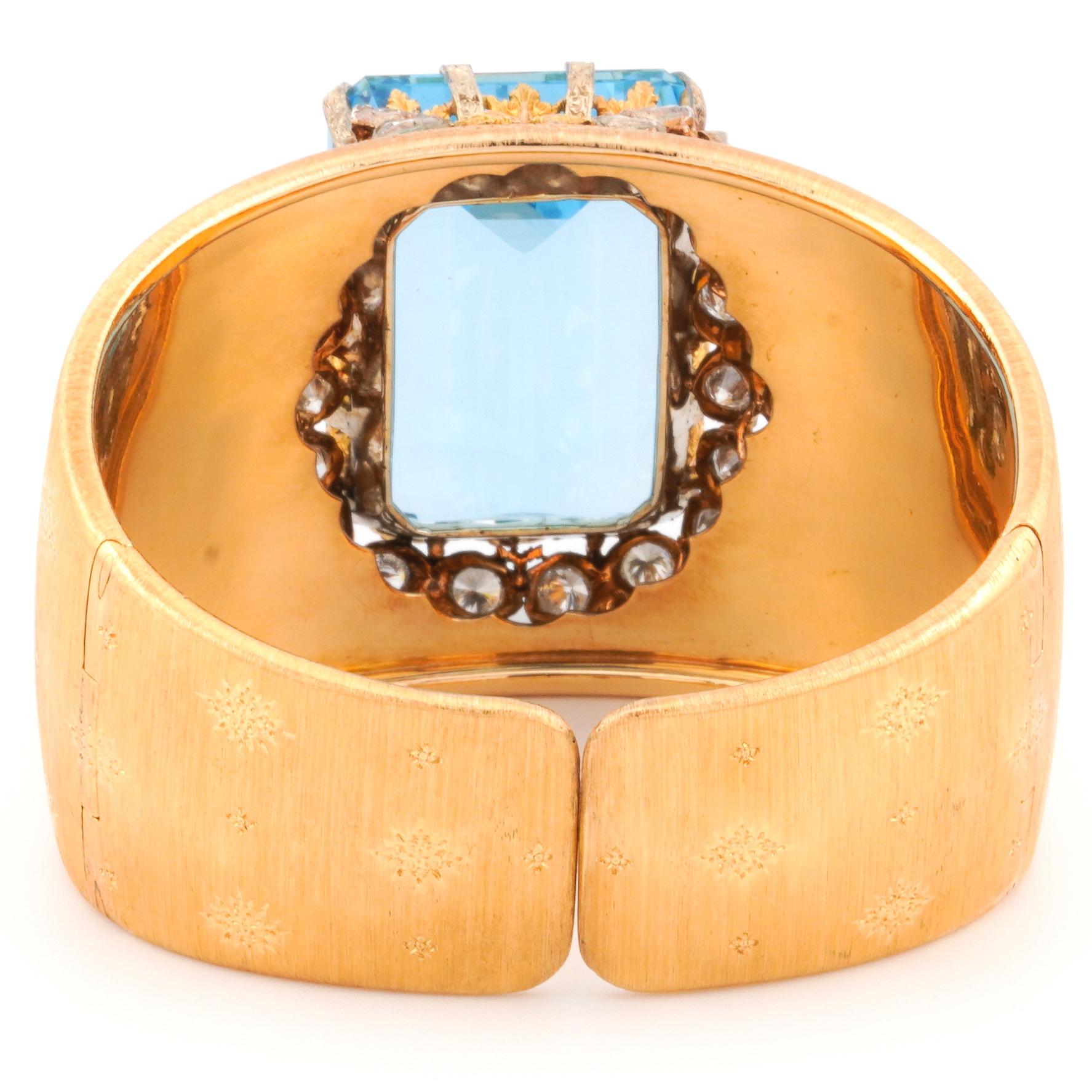 Buccellati 18k Yellow Gold 90ct Aquamarine 6.8ct VS Diamond Bangle Bracelet