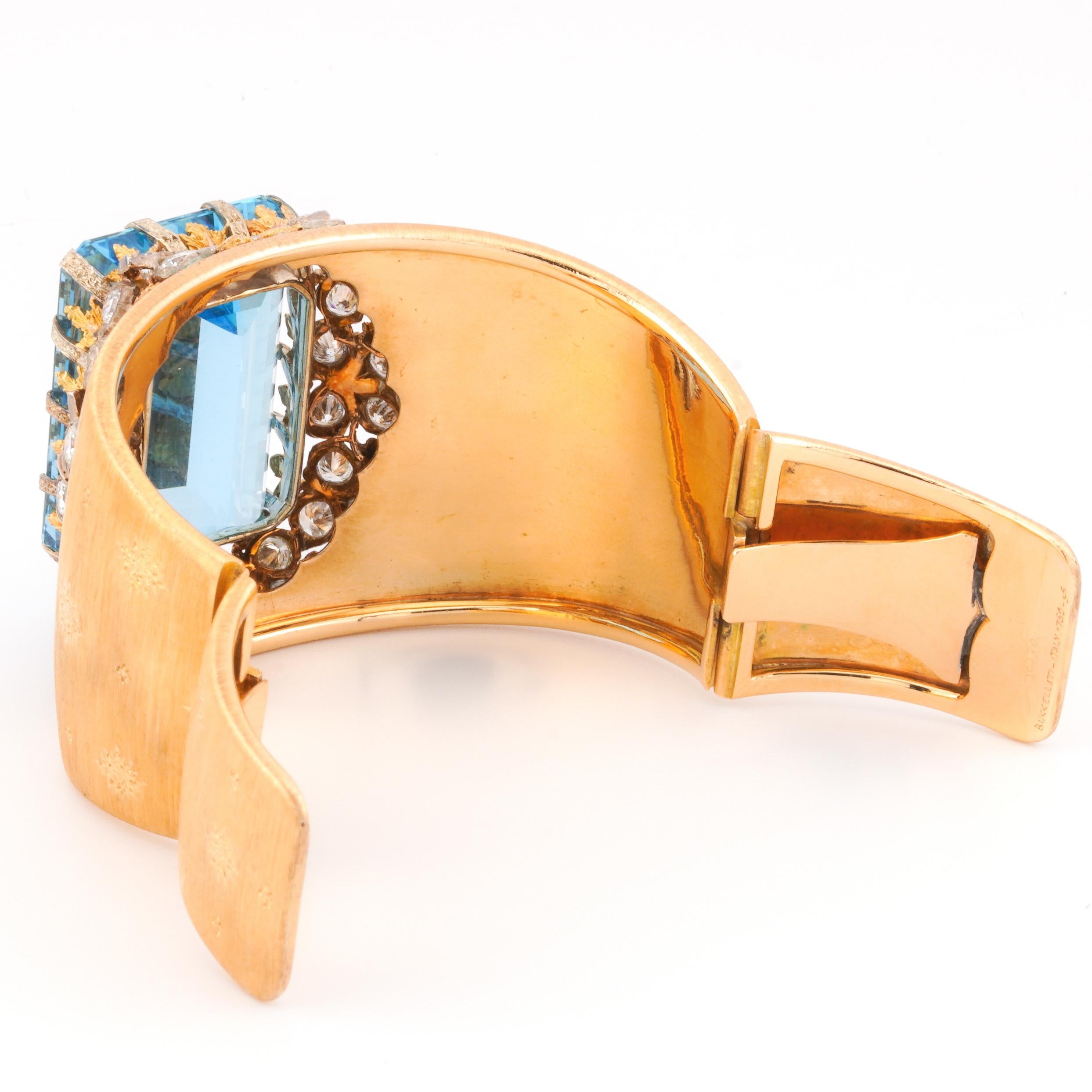 Buccellati 18k Yellow Gold 90ct Aquamarine 6.8ct VS Diamond Bangle Bracelet
