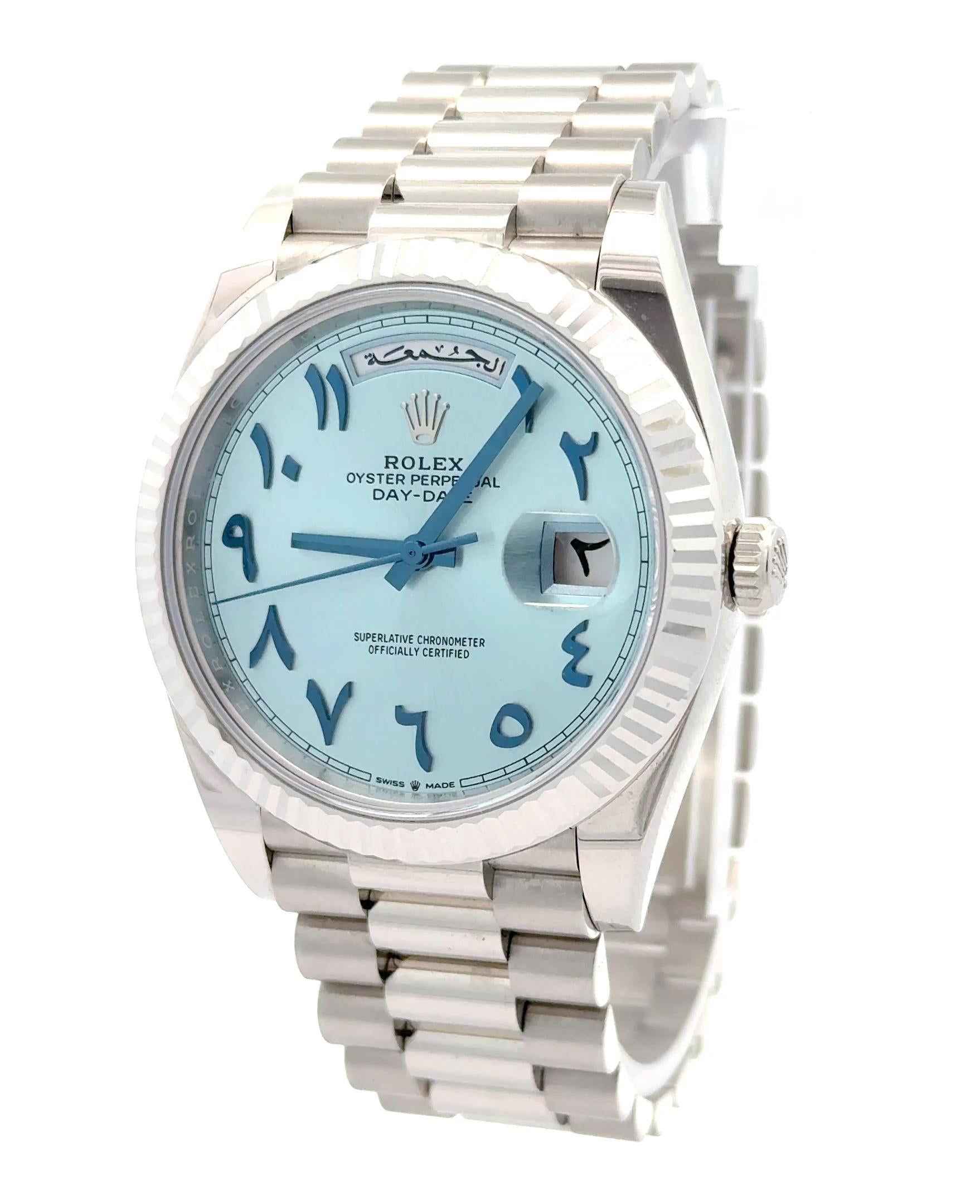 Rolex 2023 Day-Date 228236 Platinum Arabic Ice Dial Watch w/ FULL SET