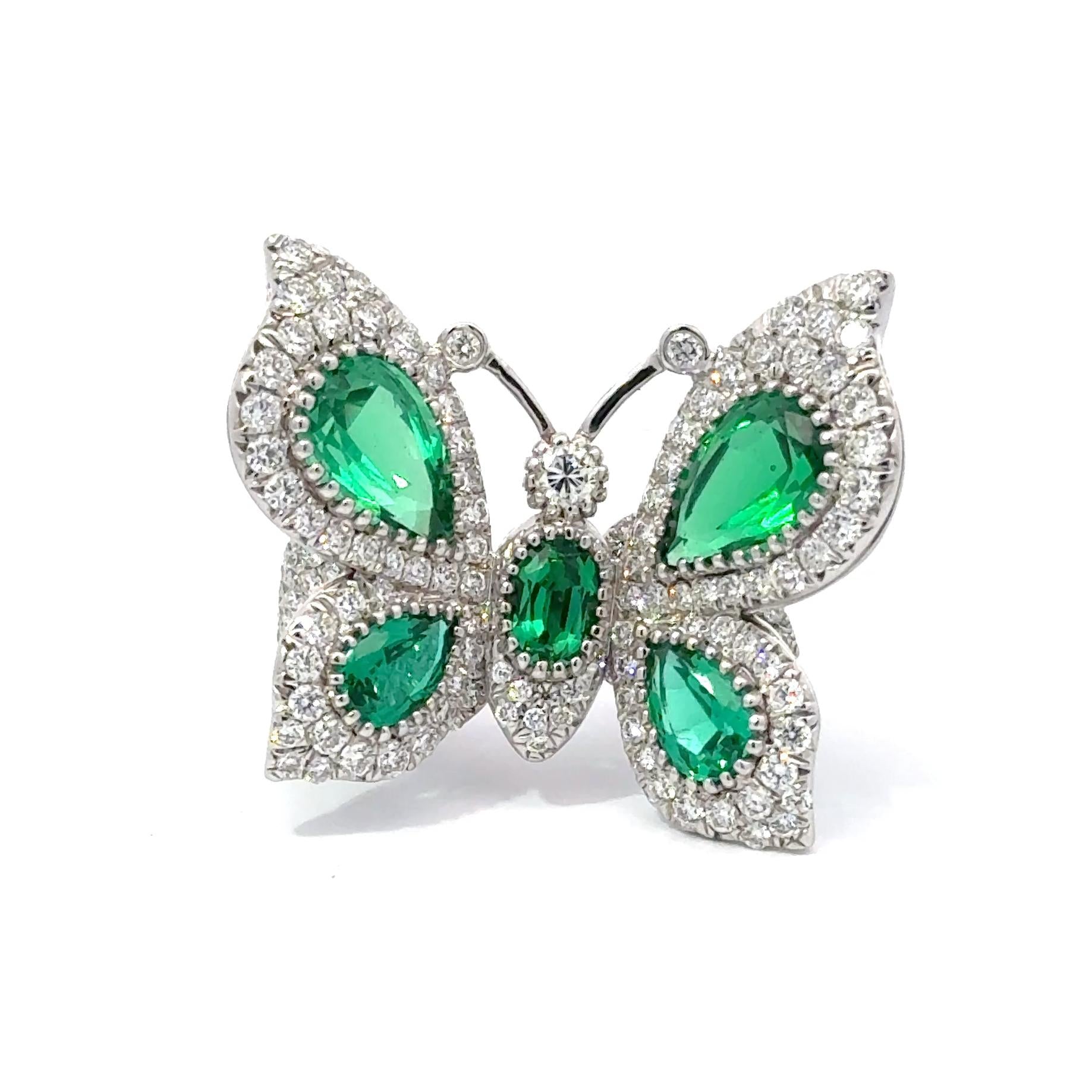 Yanush 18k White Gold 6.32ct Synthetic Emerald and 3.57ct Diamond Butterfly Ring