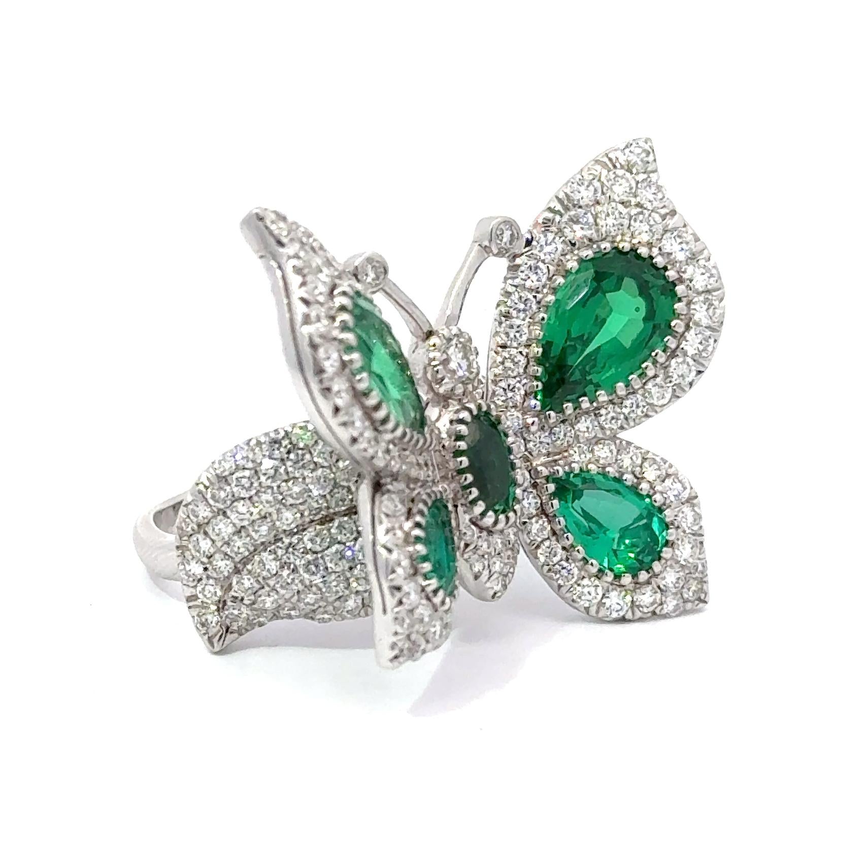 Yanush 18k White Gold 6.32ct Synthetic Emerald and 3.57ct Diamond Butterfly Ring