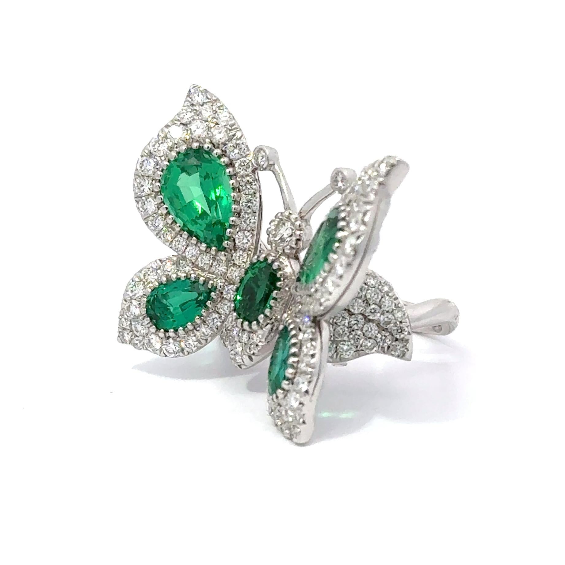 Yanush 18k White Gold 6.32ct Synthetic Emerald and 3.57ct Diamond Butterfly Ring