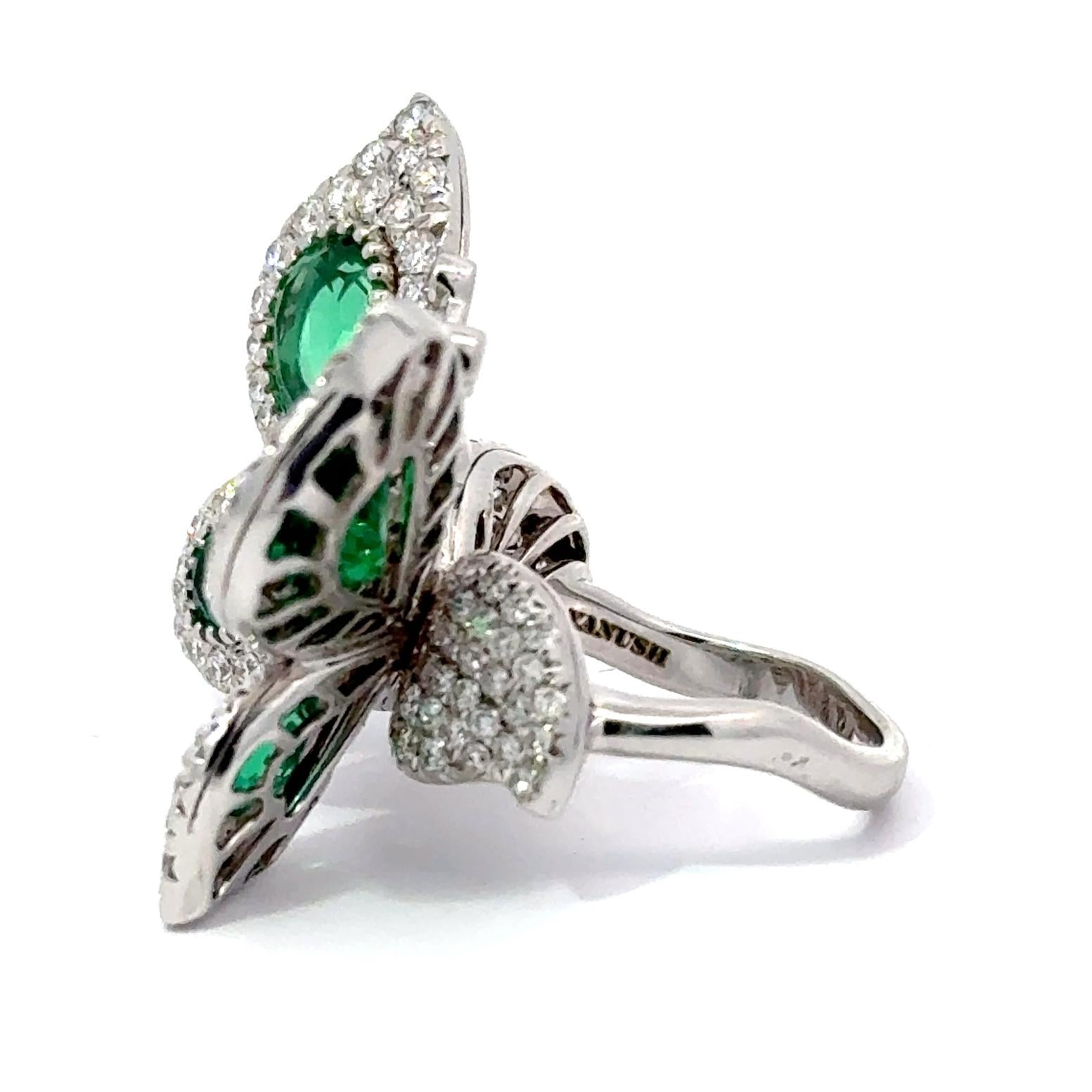 Yanush 18k White Gold 6.32ct Synthetic Emerald and 3.57ct Diamond Butterfly Ring