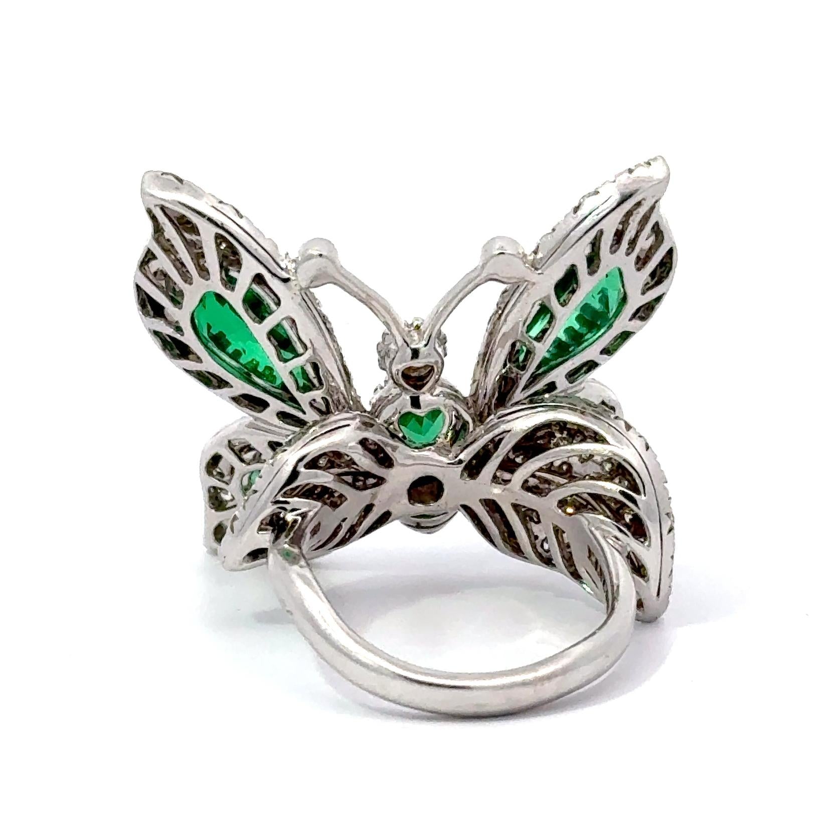 Yanush 18k White Gold 6.32ct Synthetic Emerald and 3.57ct Diamond Butterfly Ring