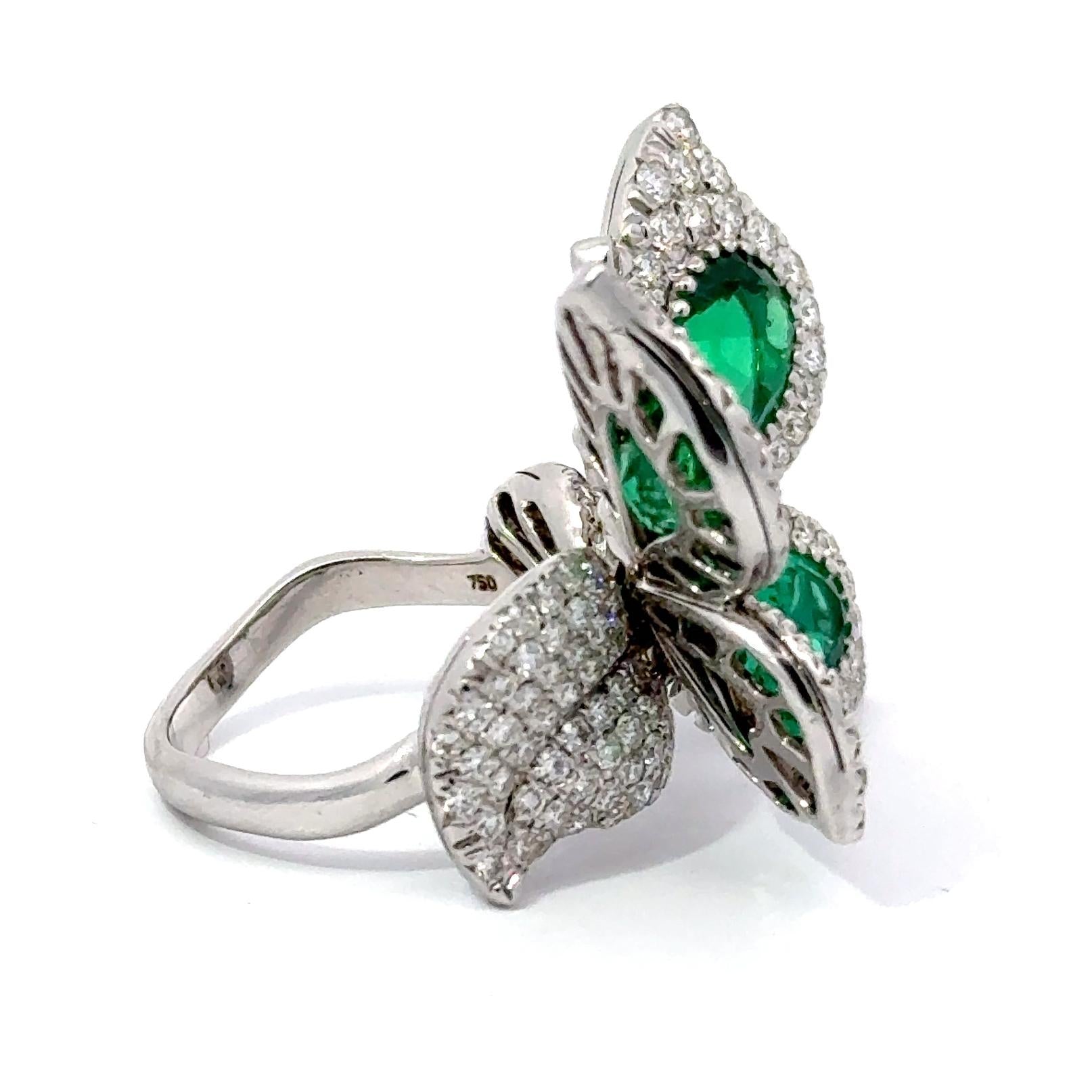 Yanush 18k White Gold 6.32ct Synthetic Emerald and 3.57ct Diamond Butterfly Ring