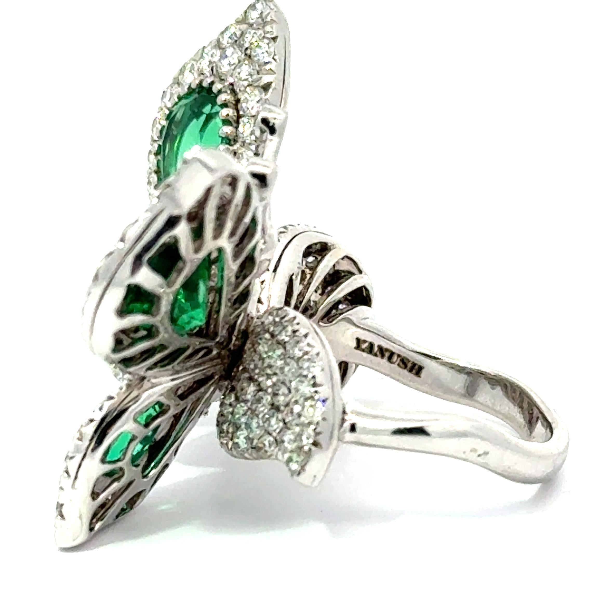 Yanush 18k White Gold 6.32ct Synthetic Emerald and 3.57ct Diamond Butterfly Ring