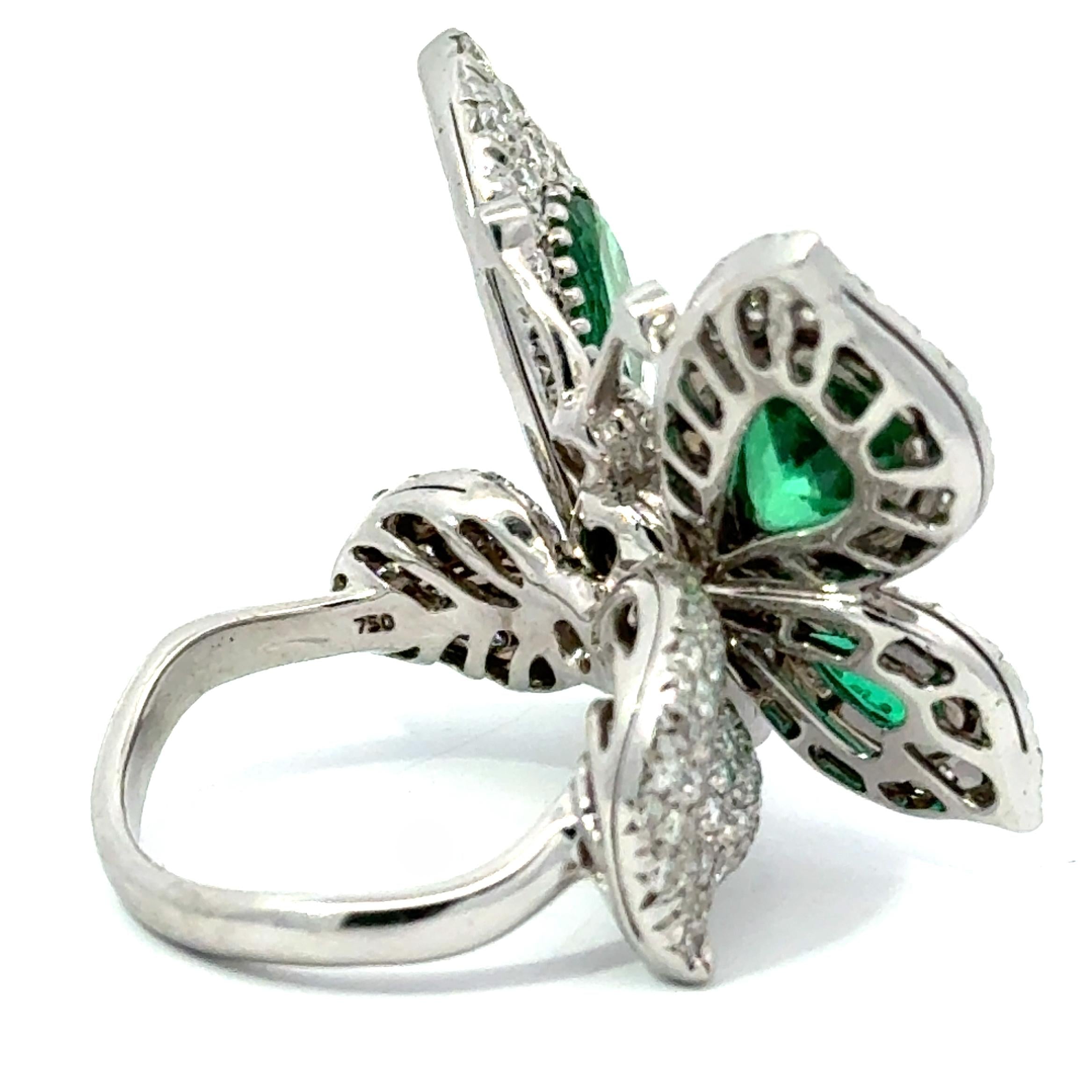 Yanush 18k White Gold 6.32ct Synthetic Emerald and 3.57ct Diamond Butterfly Ring