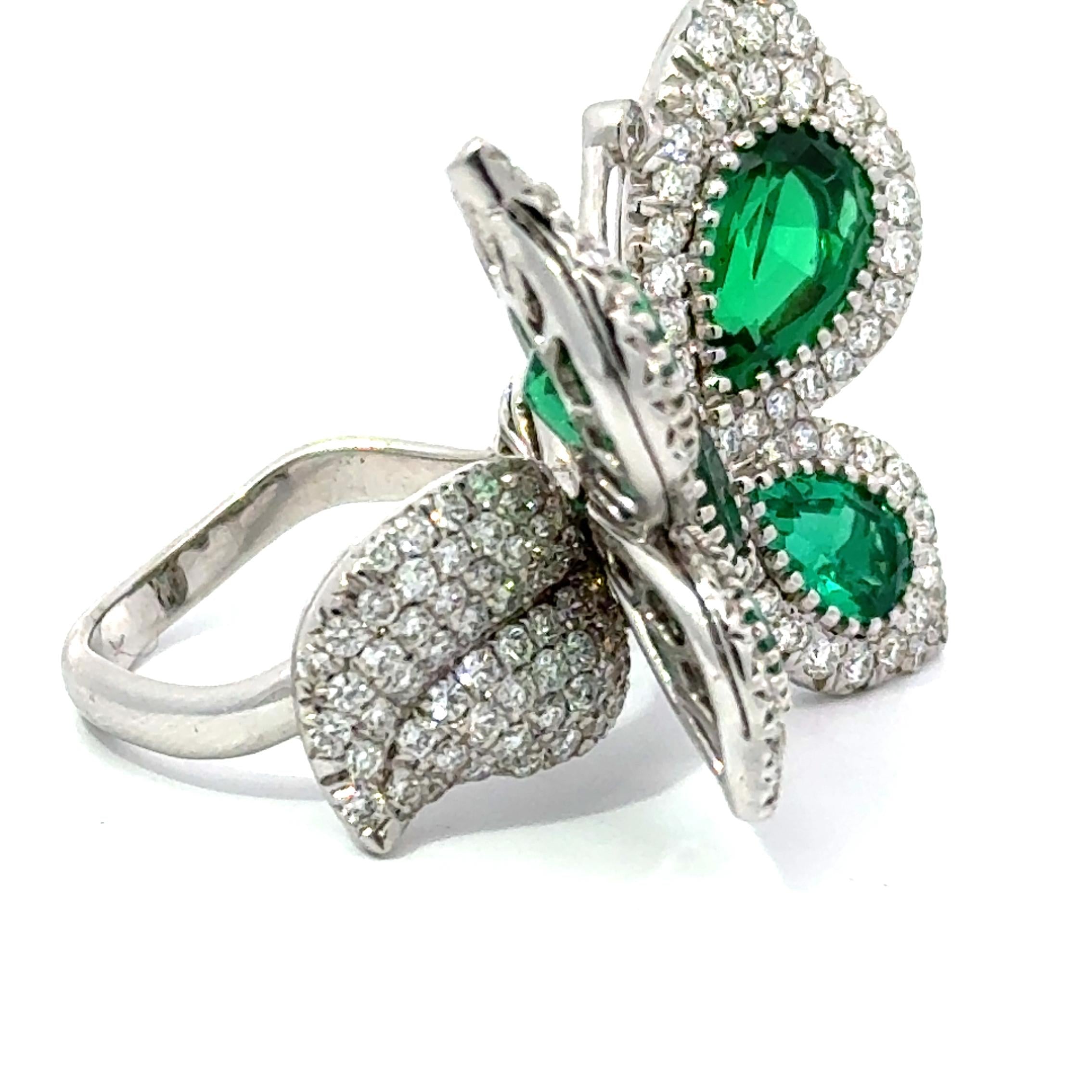 Yanush 18k White Gold 6.32ct Synthetic Emerald and 3.57ct Diamond Butterfly Ring