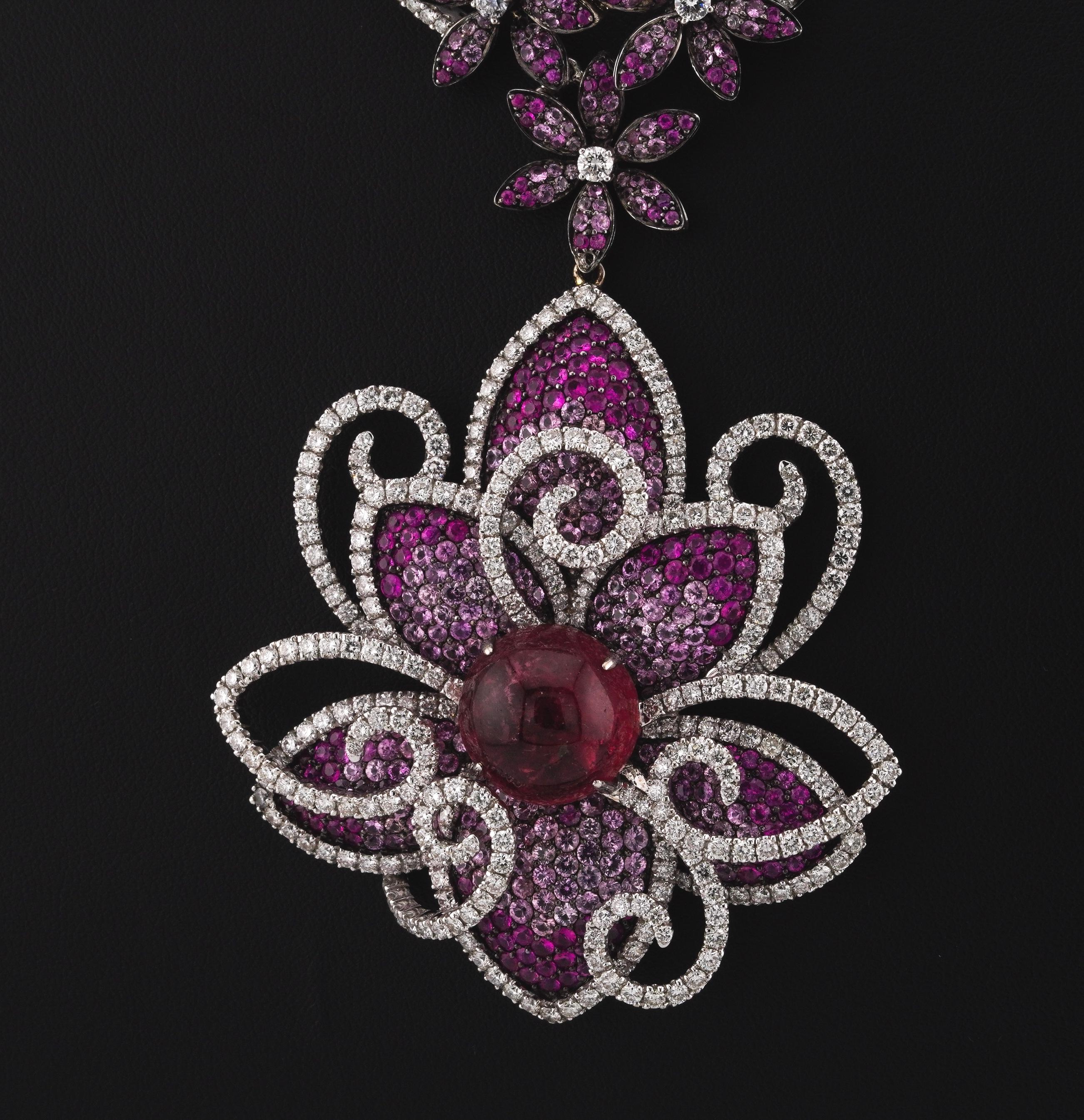 18k White Gold 33.10ct of Rubellites and 11.50ct of Diamond Flower Necklace