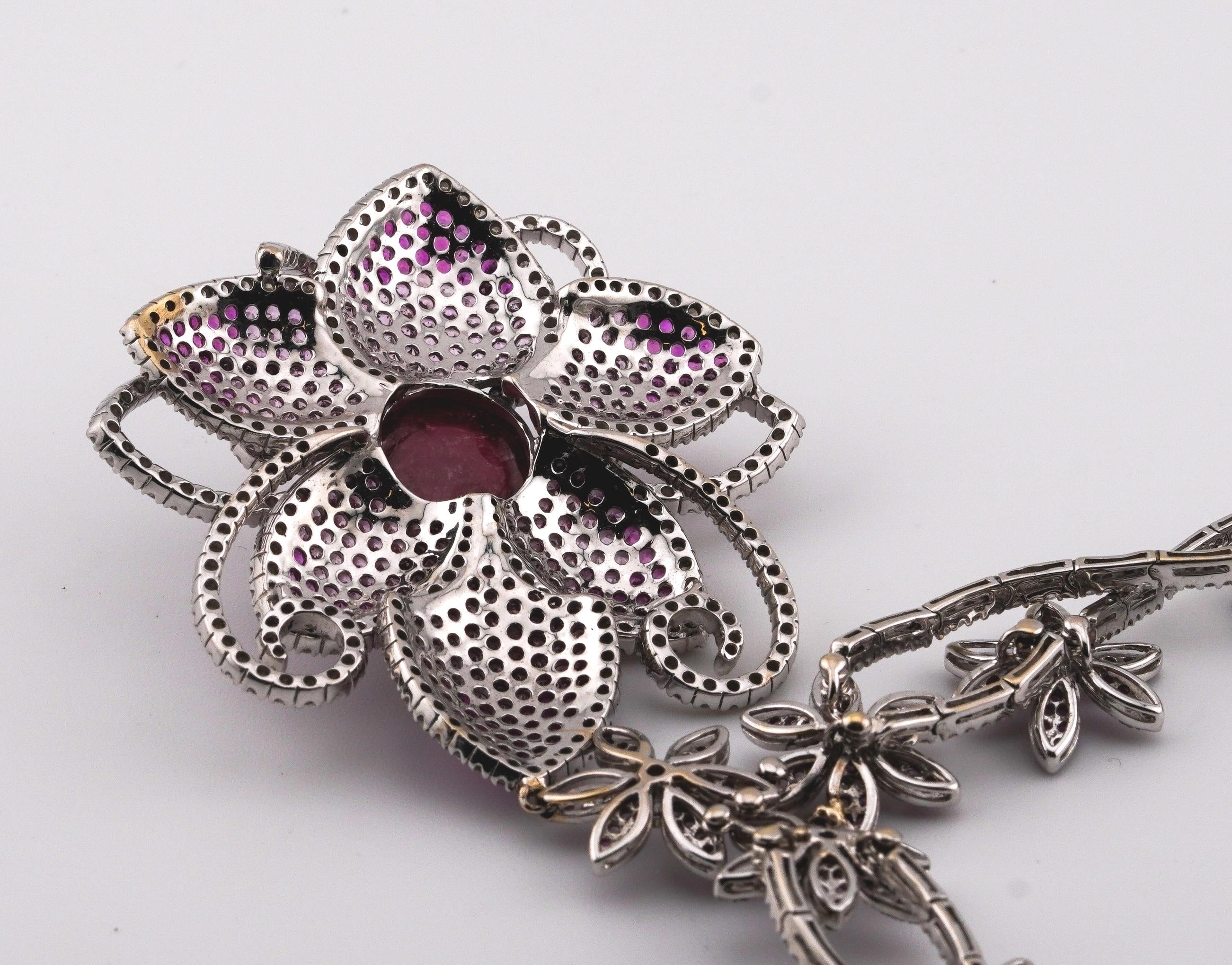 18k White Gold 33.10ct of Rubellites and 11.50ct of Diamond Flower Necklace