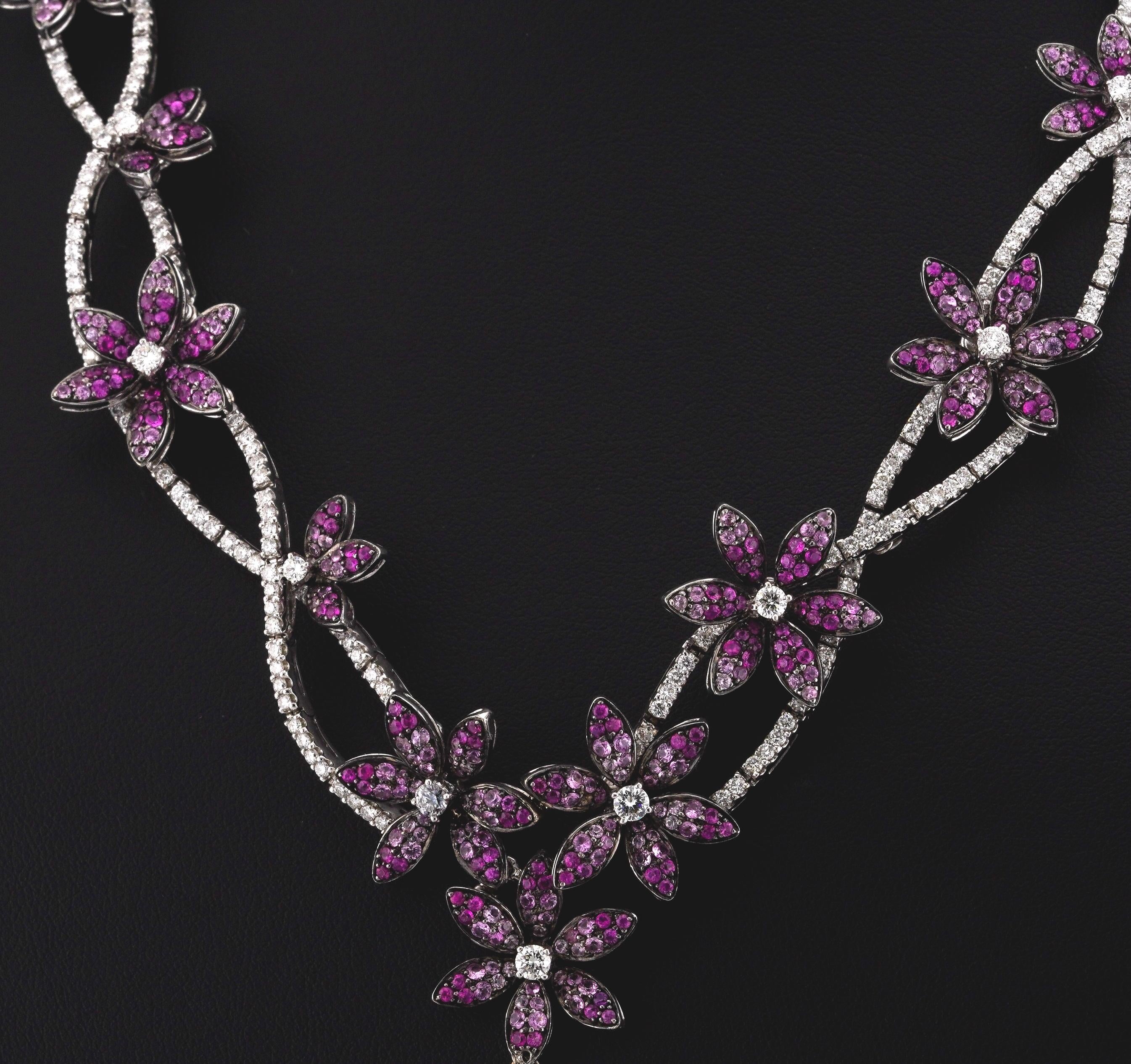 18k White Gold 33.10ct of Rubellites and 11.50ct of Diamond Flower Necklace