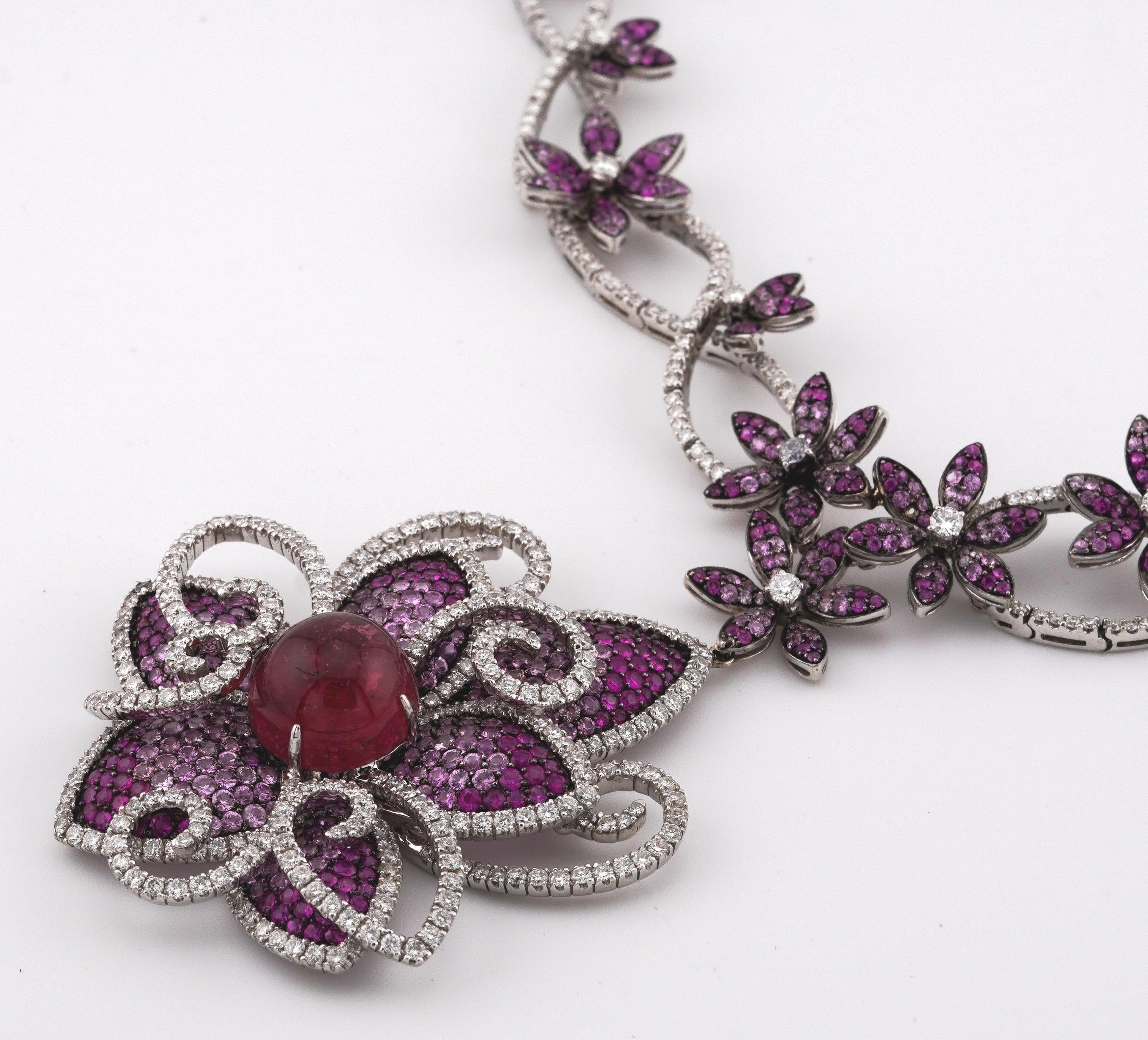 18k White Gold 33.10ct of Rubellites and 11.50ct of Diamond Flower Necklace