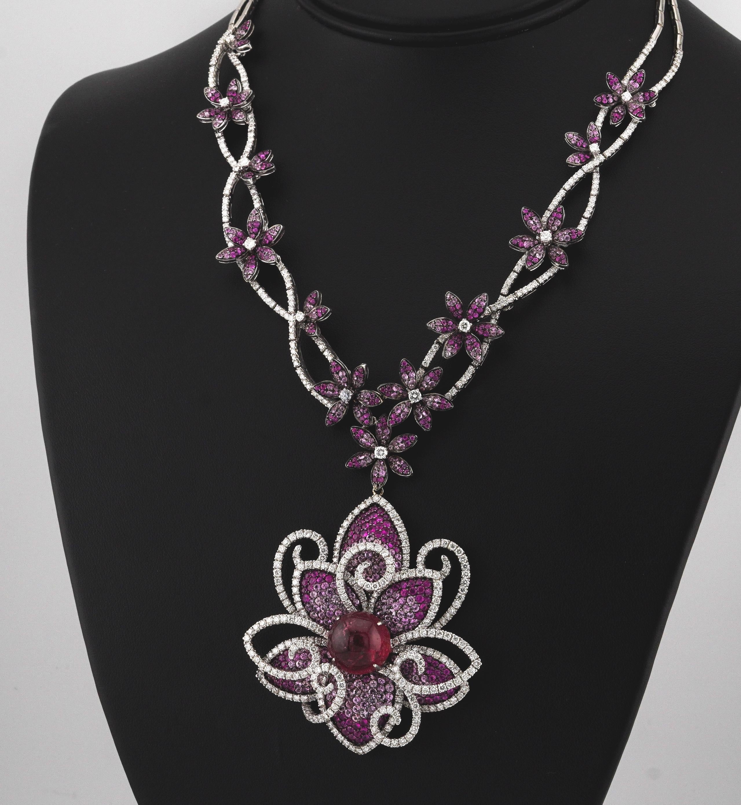 18k White Gold 33.10ct of Rubellites and 11.50ct of Diamond Flower Necklace