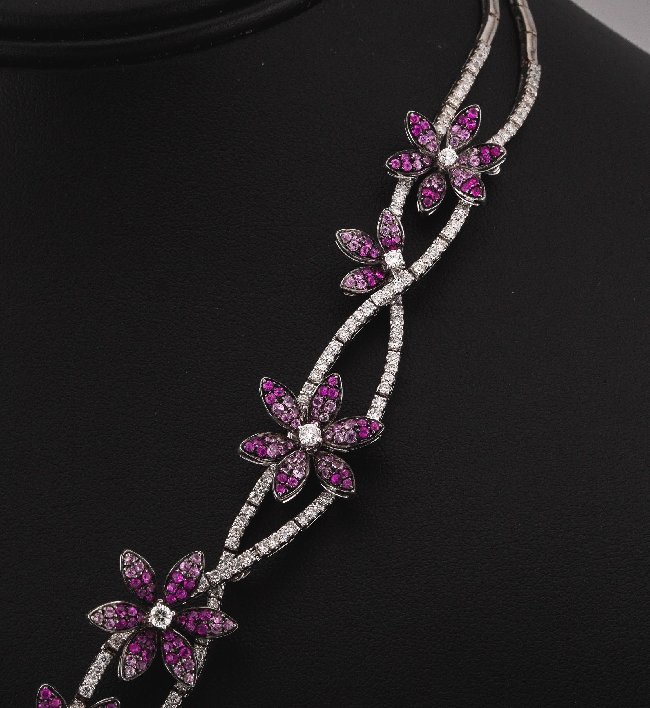 18k White Gold 33.10ct of Rubellites and 11.50ct of Diamond Flower Necklace