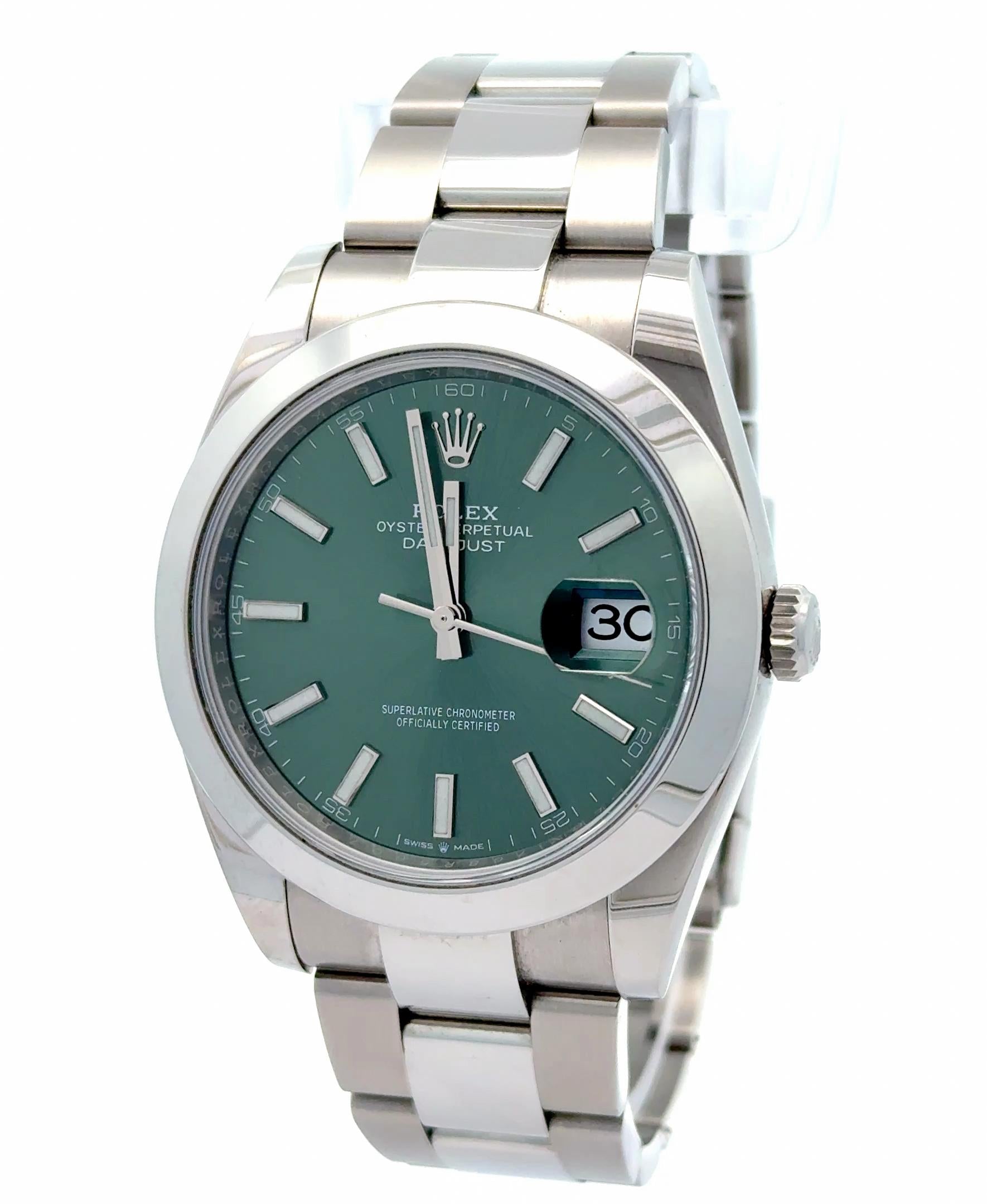 Rolex 2023 Datejust 126300 Stainless Smooth Bezel 41mm Green Dial Watch