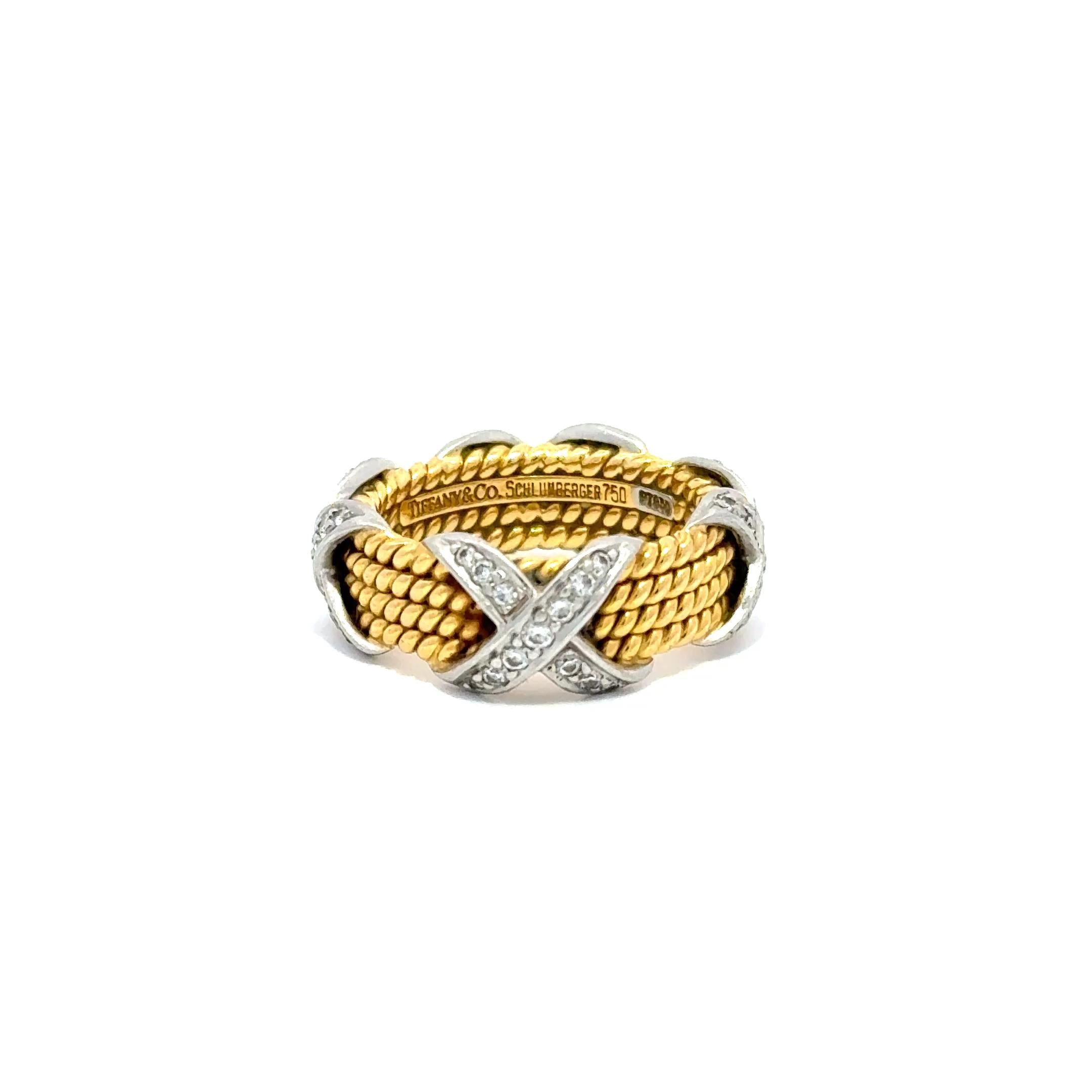 Tiffany and Co. Schlumberger Gold Platinum Diamond X Four Row Rope Ring Size 7