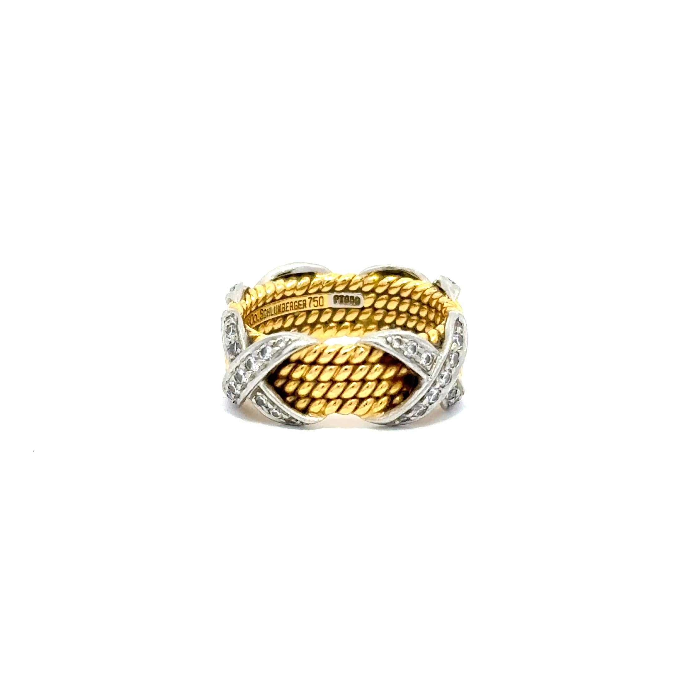 Tiffany and Co. Schlumberger Gold Platinum Diamond X Four Row Rope Ring Size 7