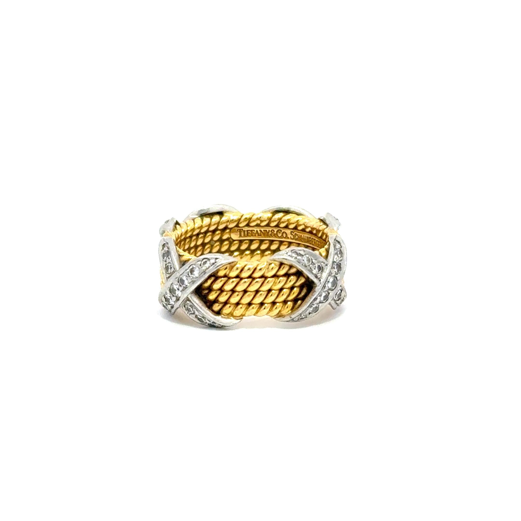 Tiffany and Co. Schlumberger Gold Platinum Diamond X Four Row Rope Ring Size 7