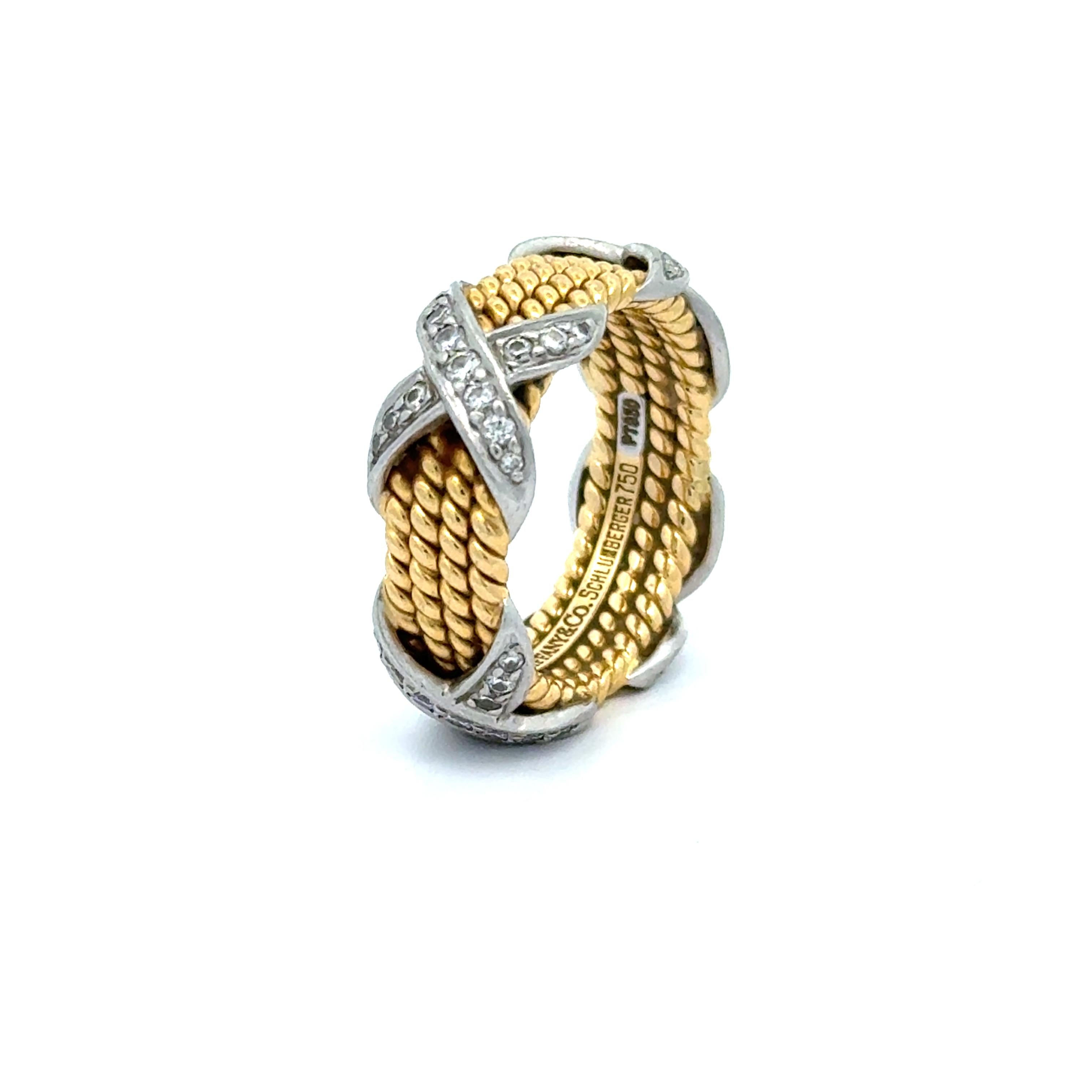 Tiffany and Co. Schlumberger Gold Platinum Diamond X Four Row Rope Ring Size 7
