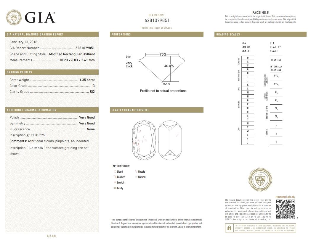 GIA Report 1.35ct Mod. Rectangular G/SI2 Diamond Engagement Ring Size 6.75