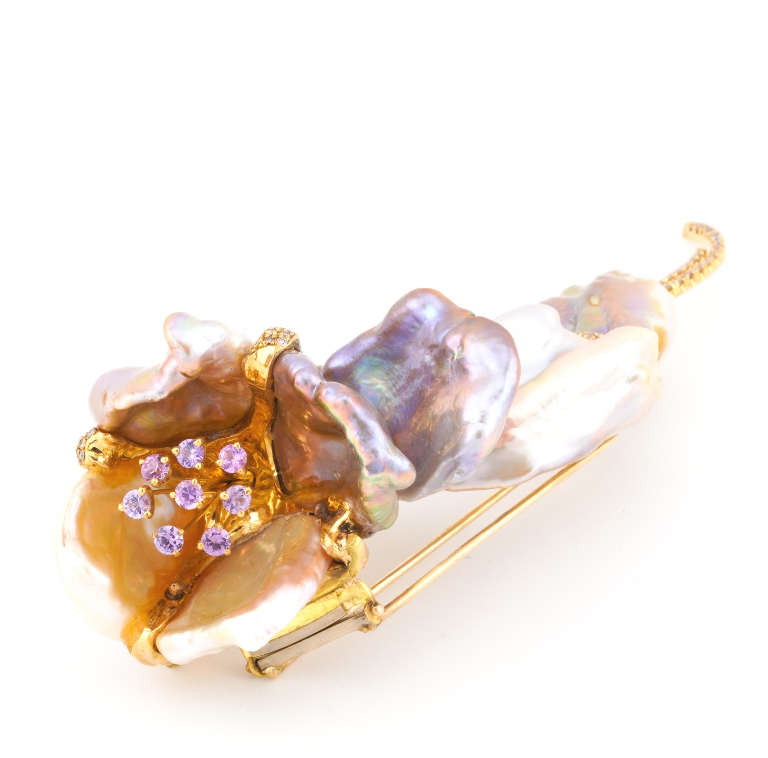 Yvel 18k Yellow Gold Baroque Pearl Amethyst Diamond Flower Brooch