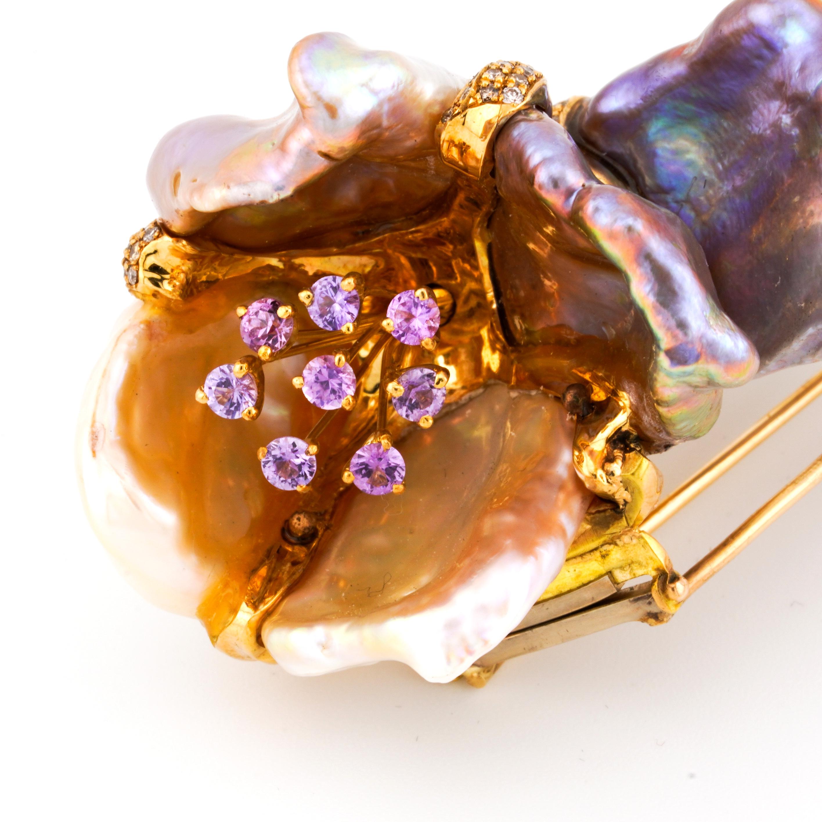 Yvel 18k Yellow Gold Baroque Pearl Amethyst Diamond Flower Brooch