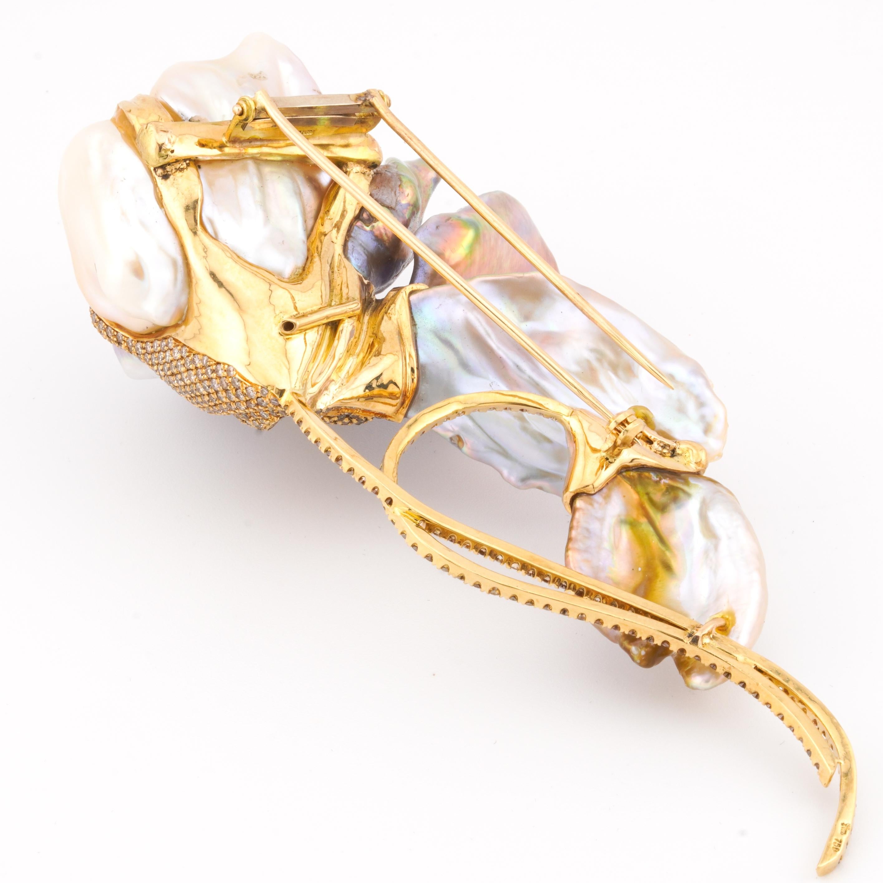 Yvel 18k Yellow Gold Baroque Pearl Amethyst Diamond Flower Brooch