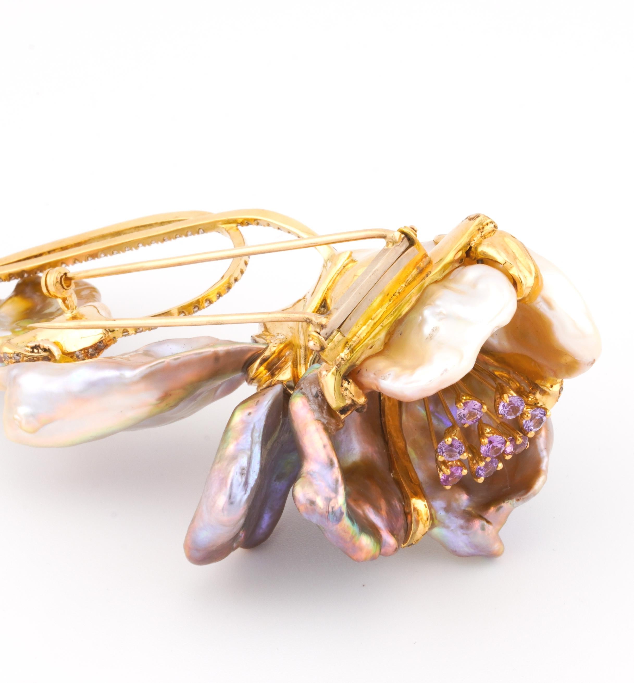 Yvel 18k Yellow Gold Baroque Pearl Amethyst Diamond Flower Brooch