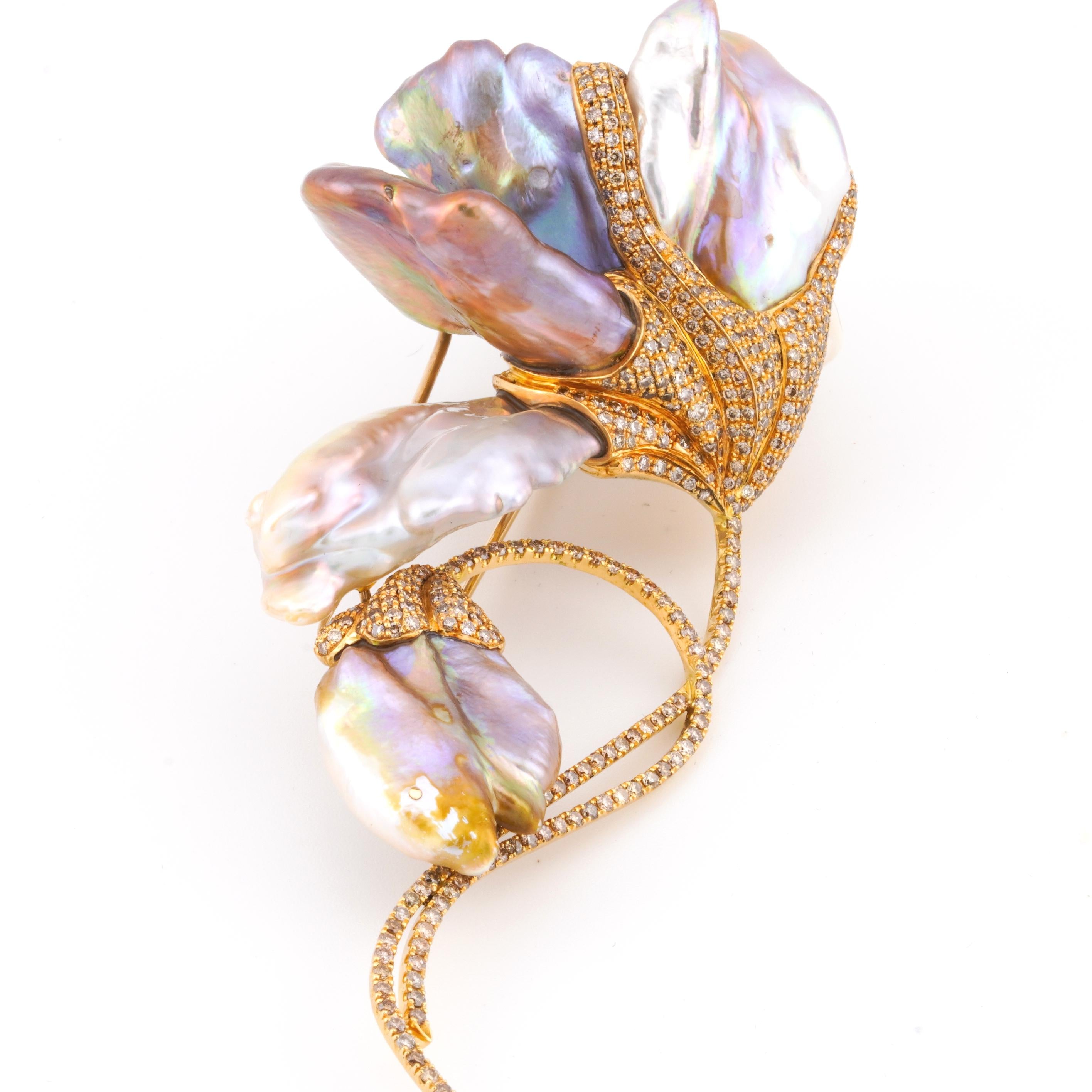 Yvel 18k Yellow Gold Baroque Pearl Amethyst Diamond Flower Brooch