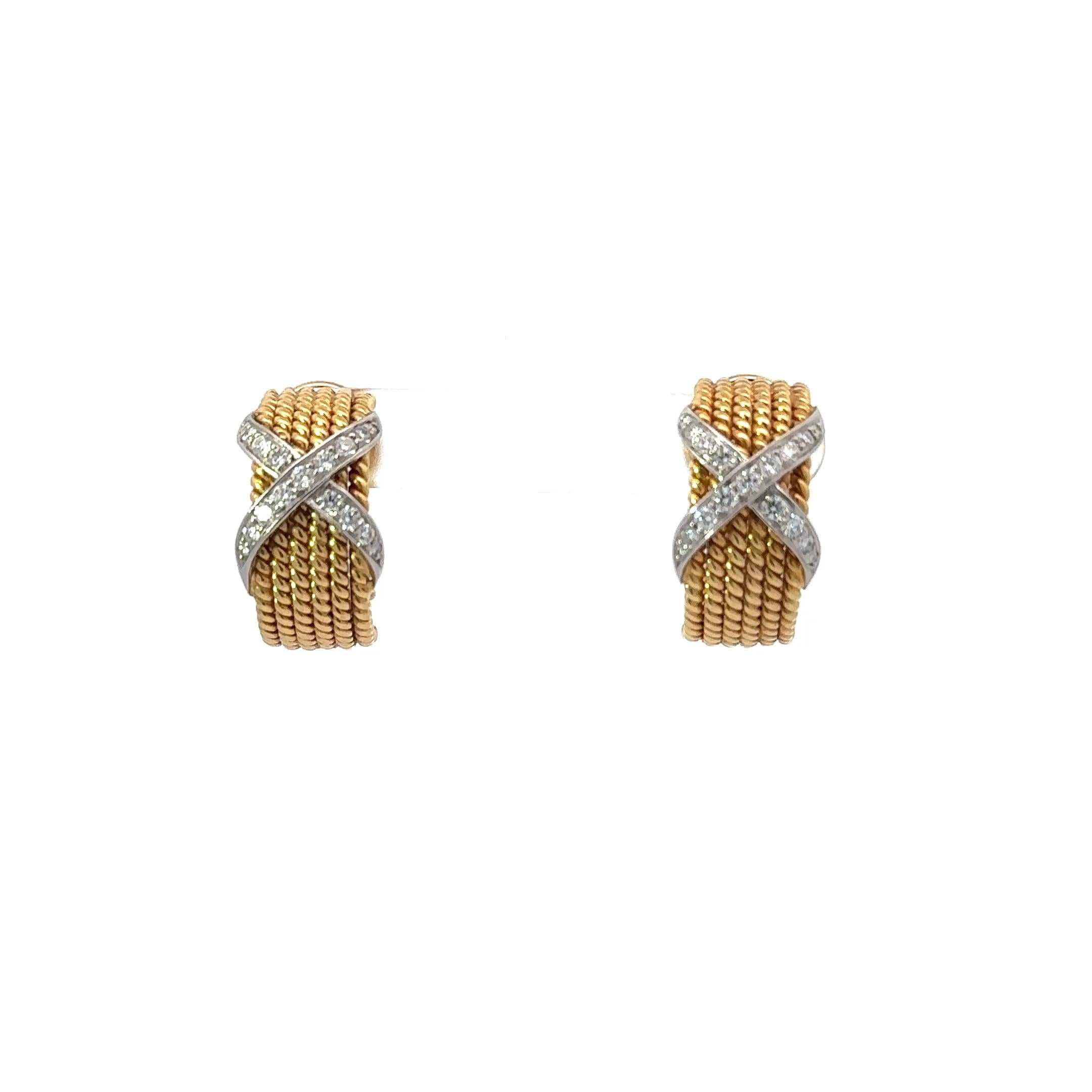 Tiffany And Co Schlumberger 18k Gold and 950 Platinum Diamond X 6 Rope Earrings