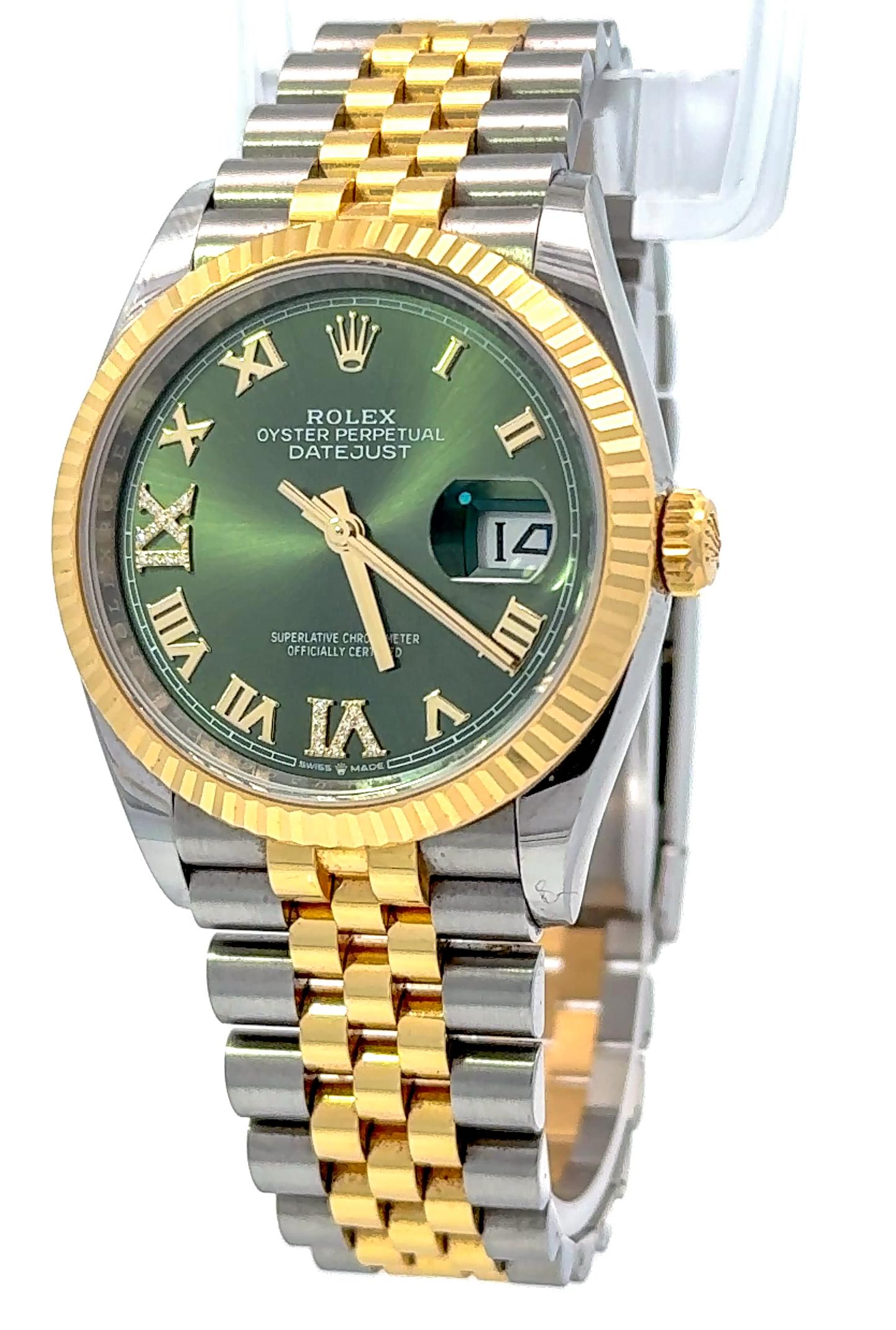 Rolex 2025 Datejust Two Tone 36mm Jubilee Green Roman Diamond Dial Watch