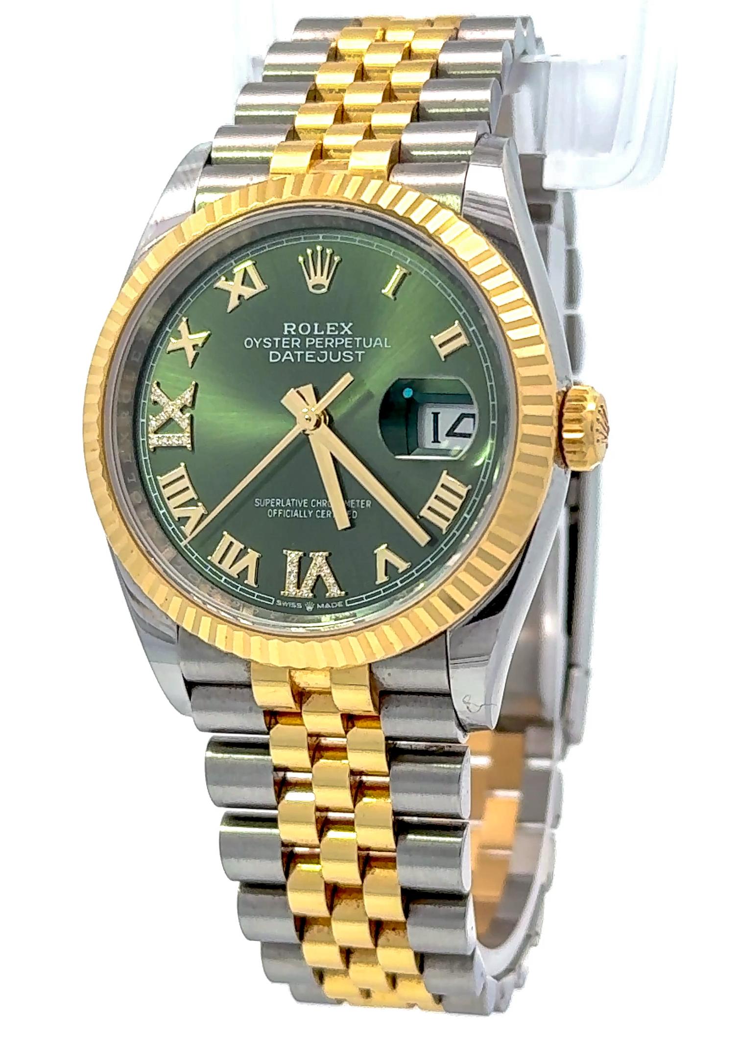 Rolex 2025 Datejust Two Tone 36mm Jubilee Green Roman Diamond Dial Watch