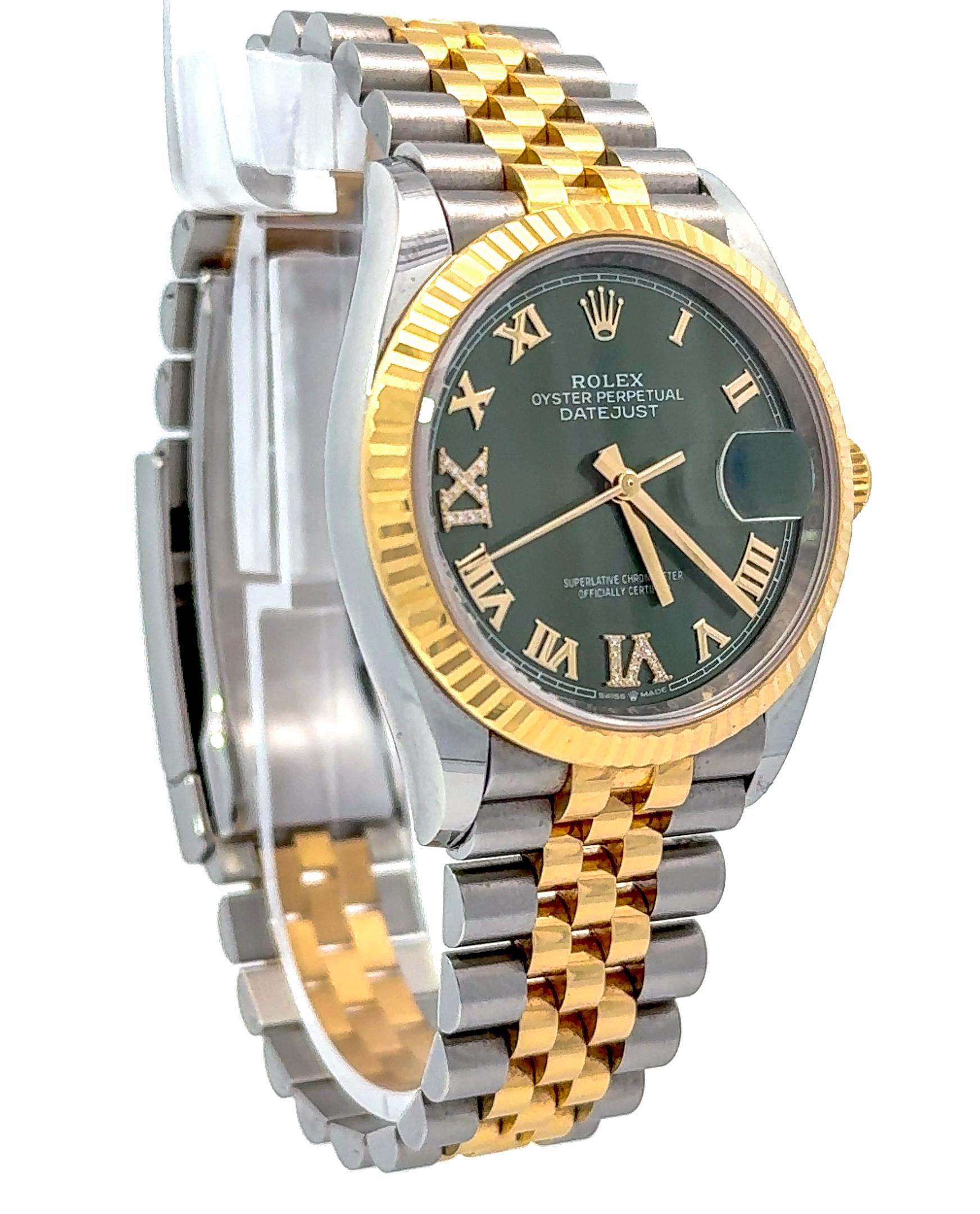 Rolex 2025 Datejust Two Tone 36mm Jubilee Green Roman Diamond Dial Watch