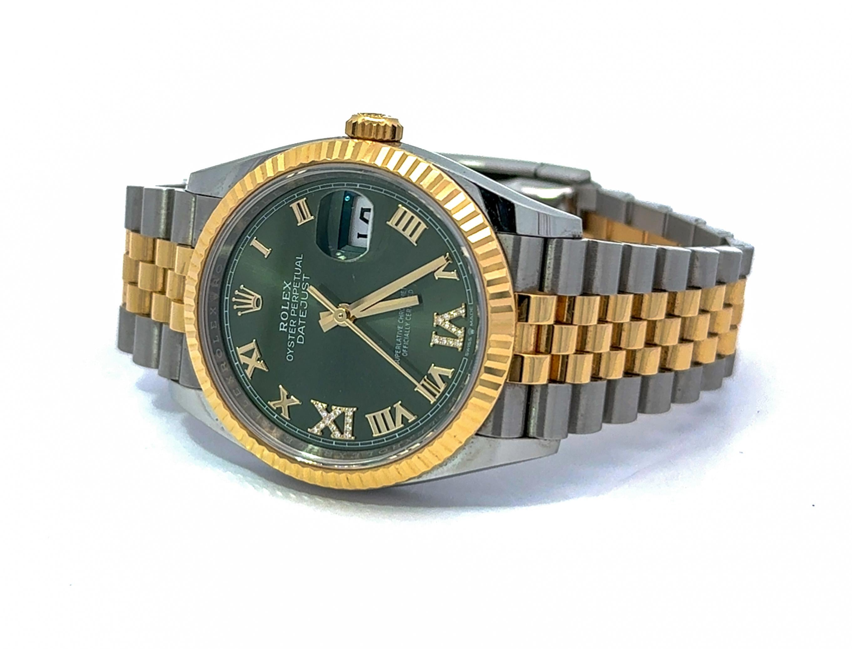 Rolex 2025 Datejust Two Tone 36mm Jubilee Green Roman Diamond Dial Watch