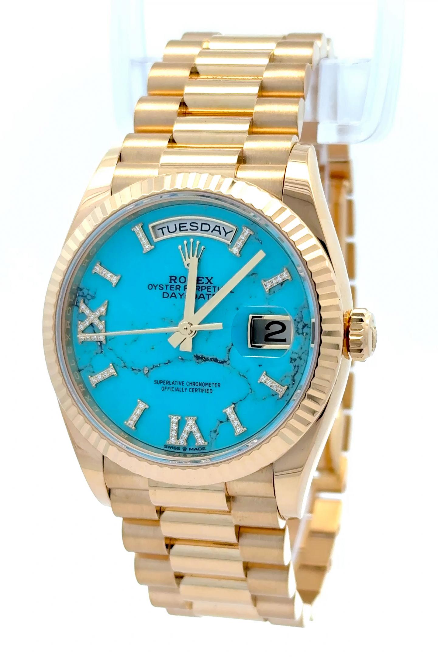 Rolex 2022 Day-Date 128238-0071 Turquoise Dial Diamond Indices Yellow Gold Watch