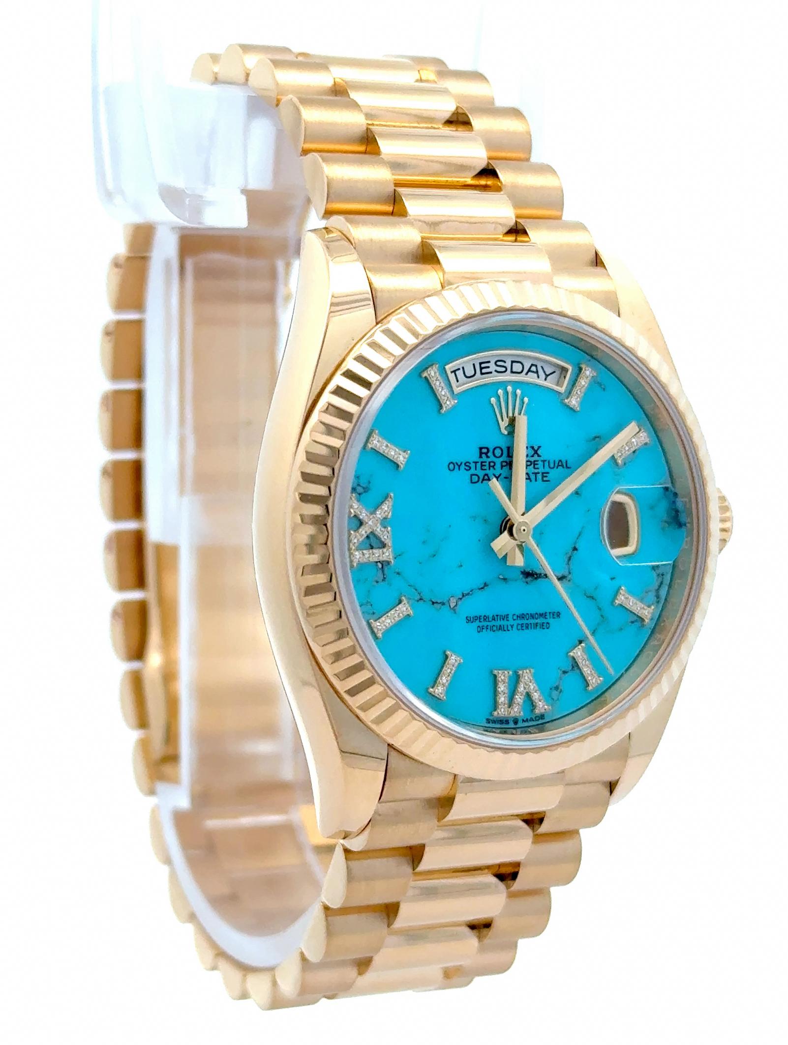 Rolex 2022 Day-Date 128238-0071 Turquoise Dial Diamond Indices Yellow Gold Watch