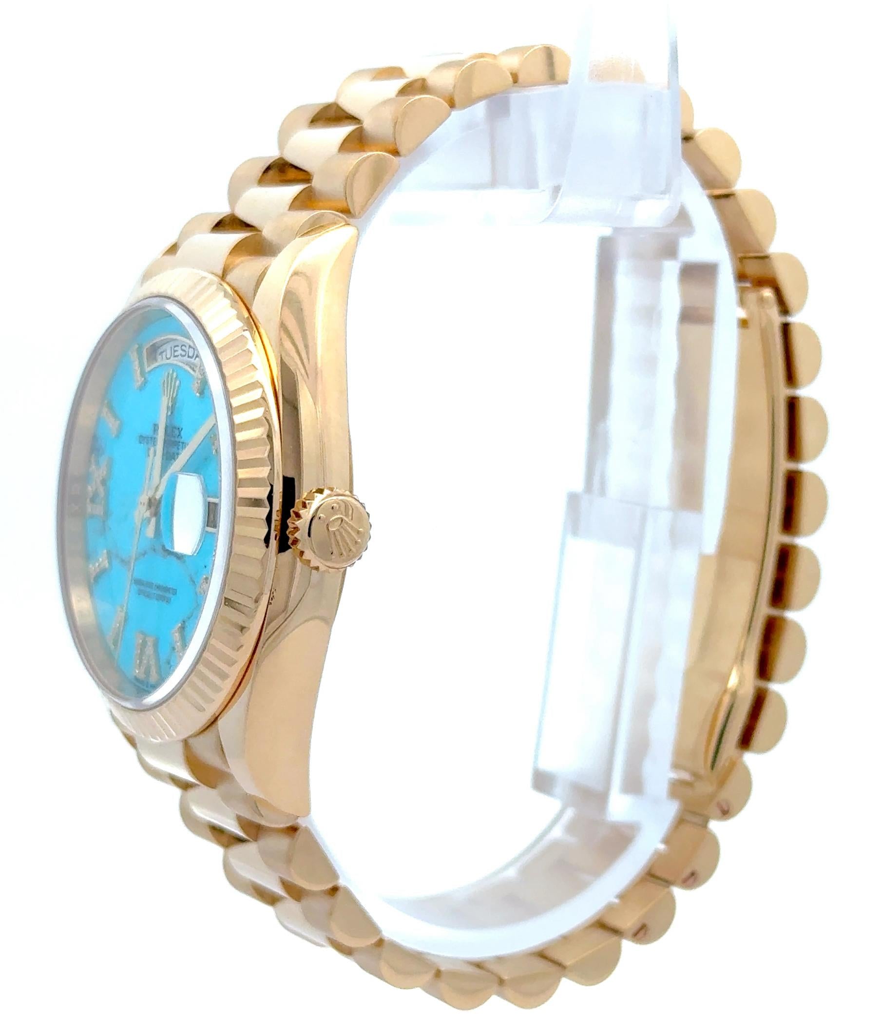 Rolex 2022 Day-Date 128238-0071 Turquoise Dial Diamond Indices Yellow Gold Watch