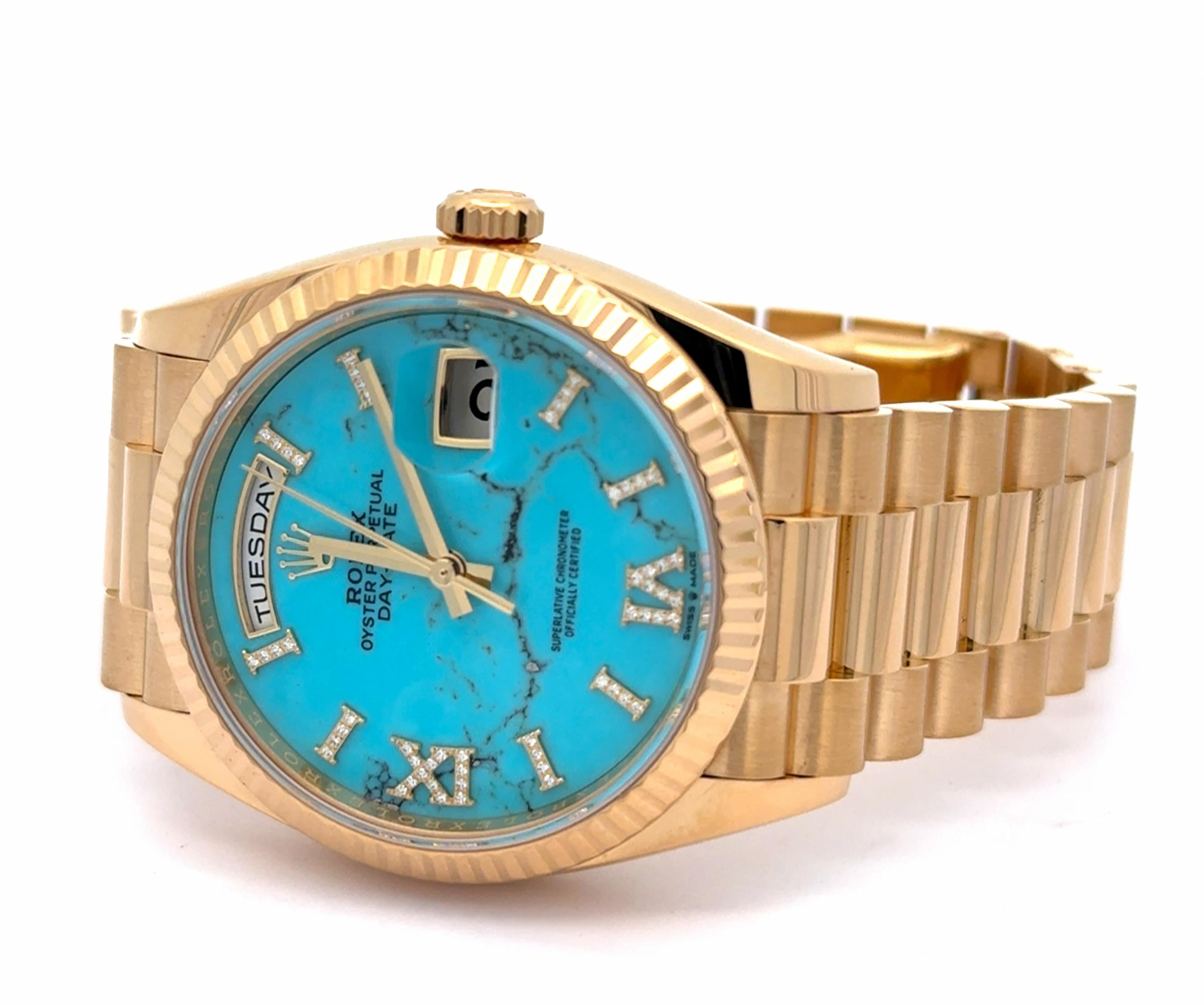 Rolex 2022 Day-Date 128238-0071 Turquoise Dial Diamond Indices Yellow Gold Watch
