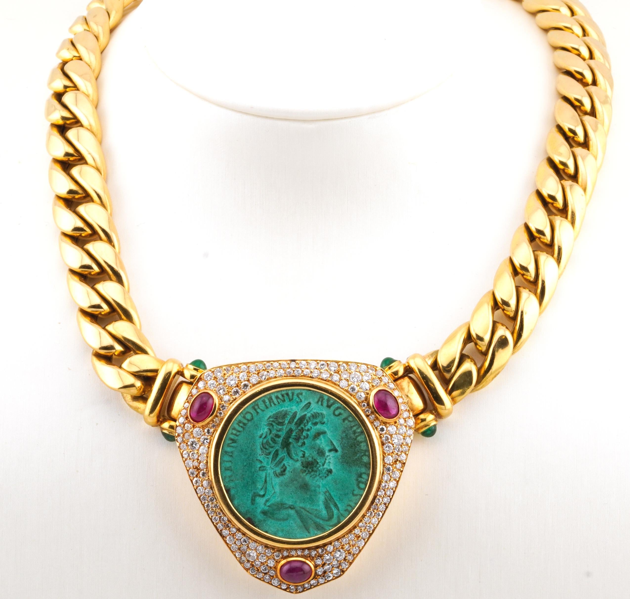 Verdi Gioielli 18k Gold Coin Diamond Cabochon Ruby Emerald Cuban Link Necklace
