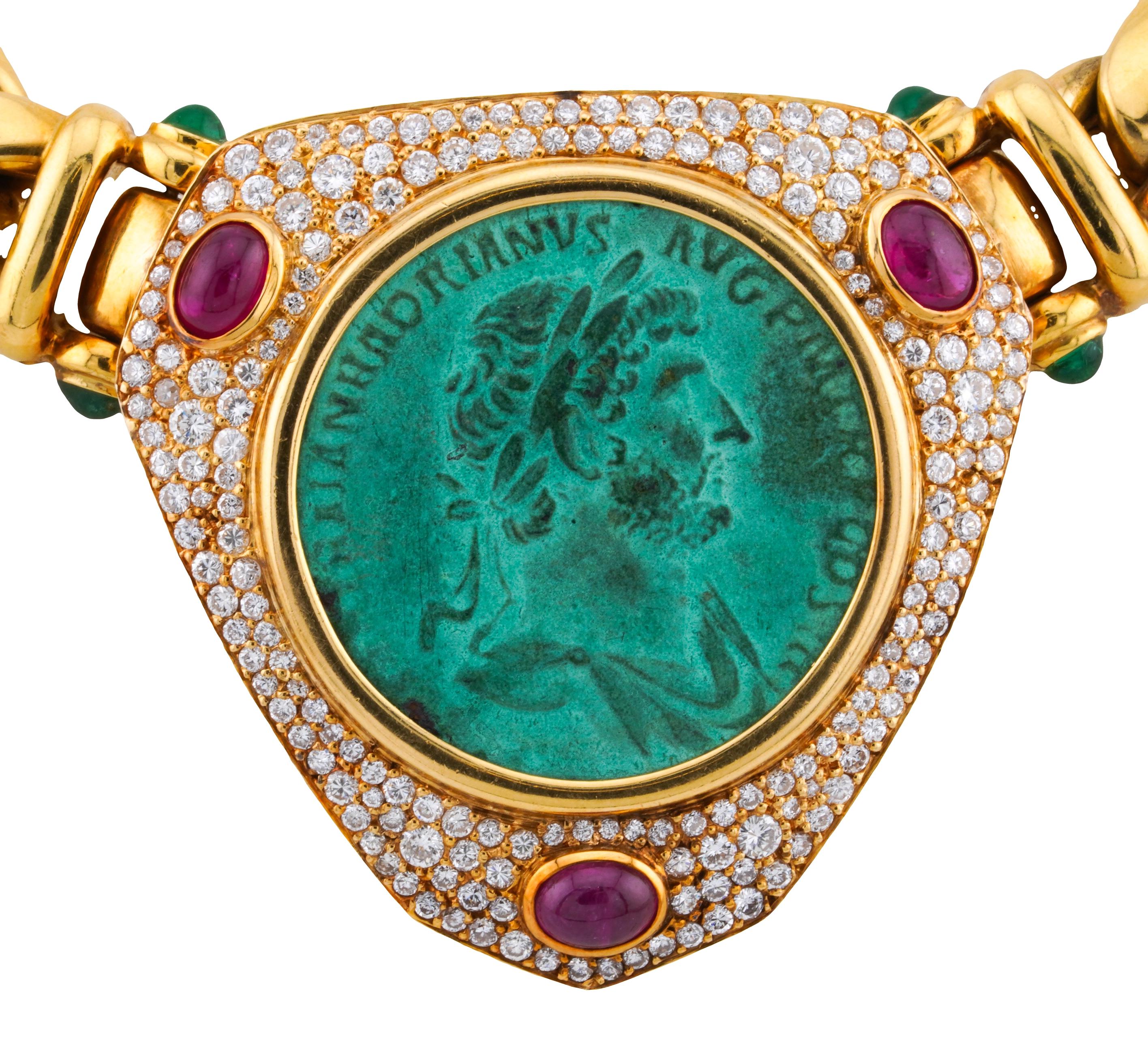 Verdi Gioielli 18k Gold Coin Diamond Cabochon Ruby Emerald Cuban Link Necklace