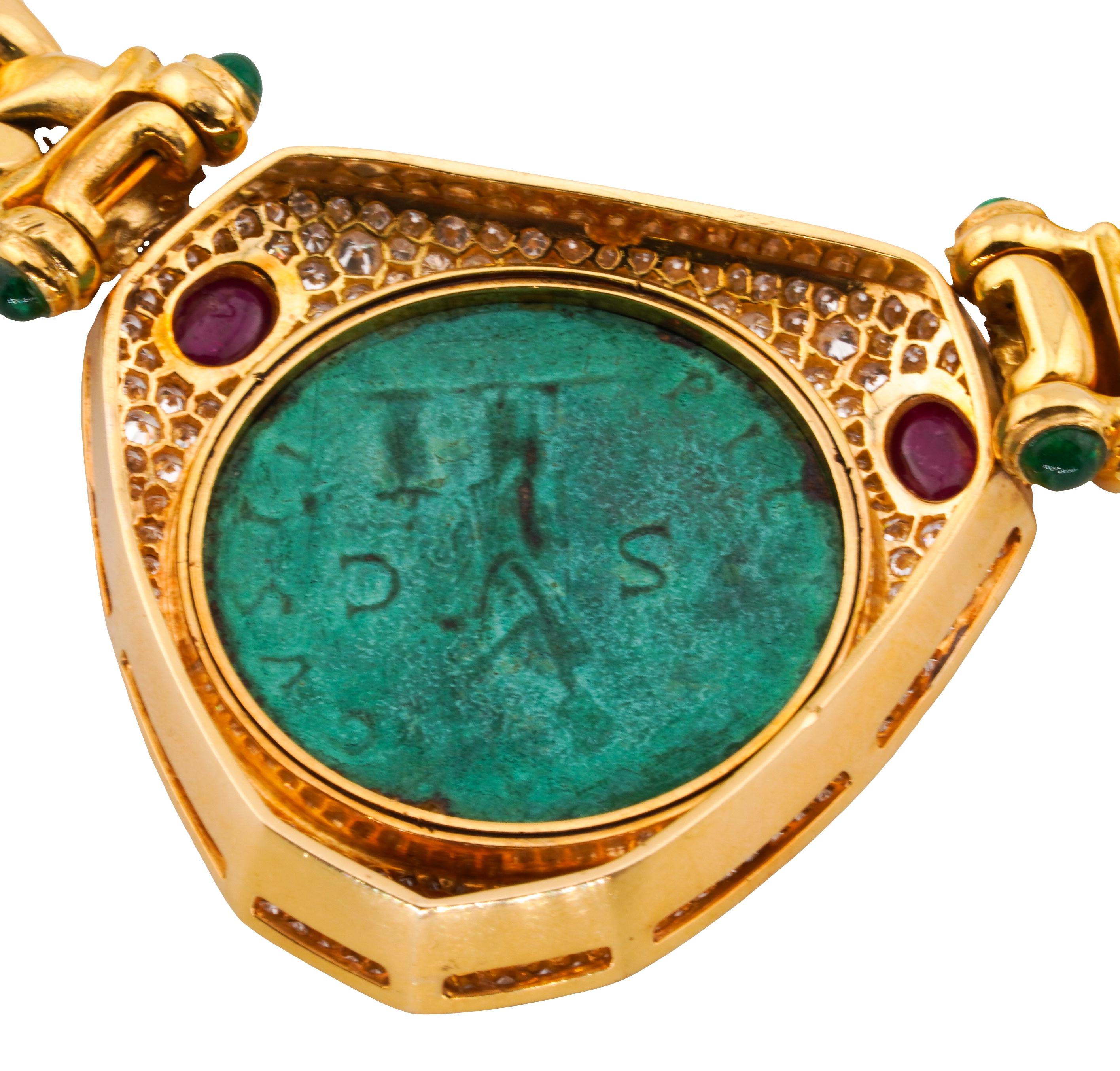 Verdi Gioielli 18k Gold Coin Diamond Cabochon Ruby Emerald Cuban Link Necklace