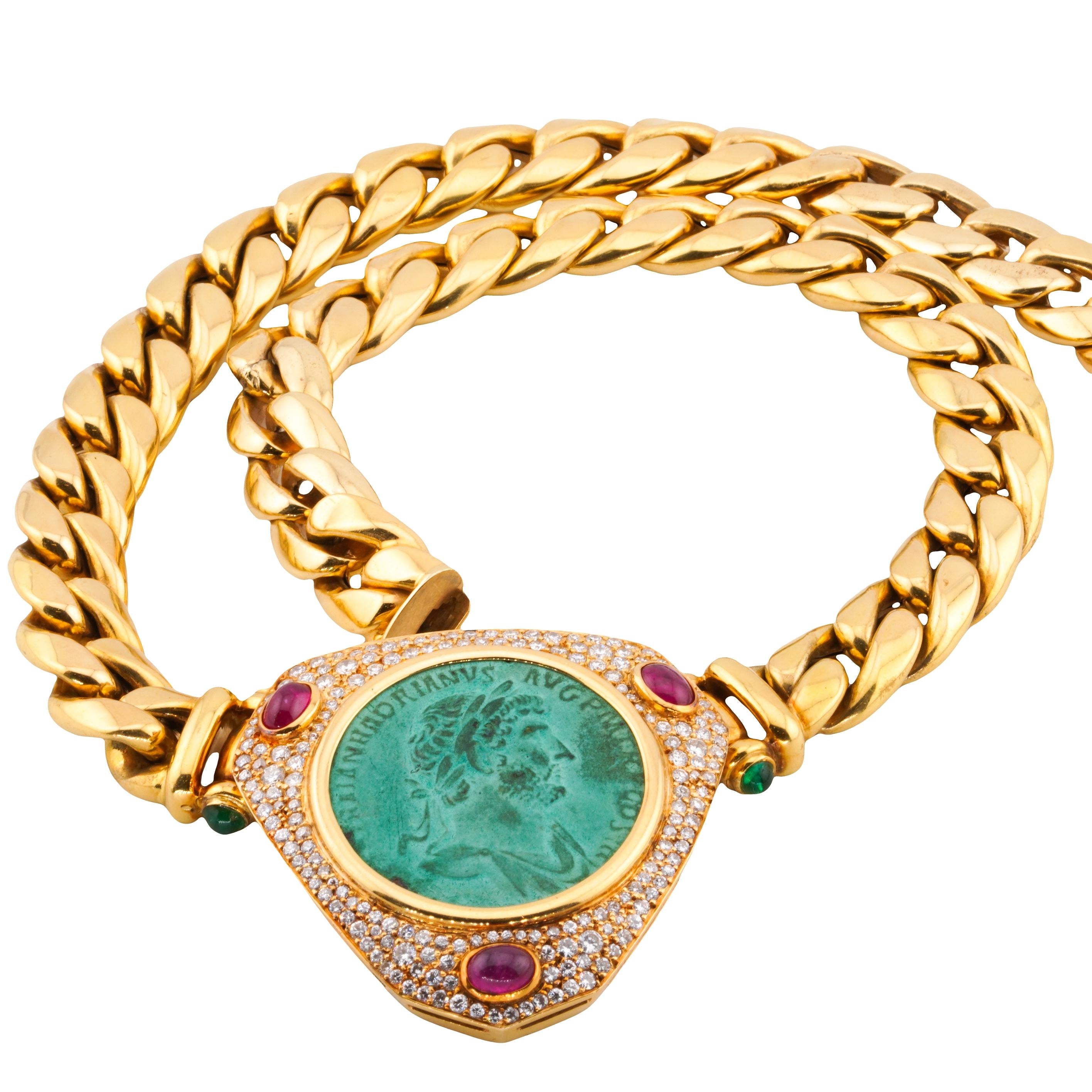 Verdi Gioielli 18k Gold Coin Diamond Cabochon Ruby Emerald Cuban Link Necklace