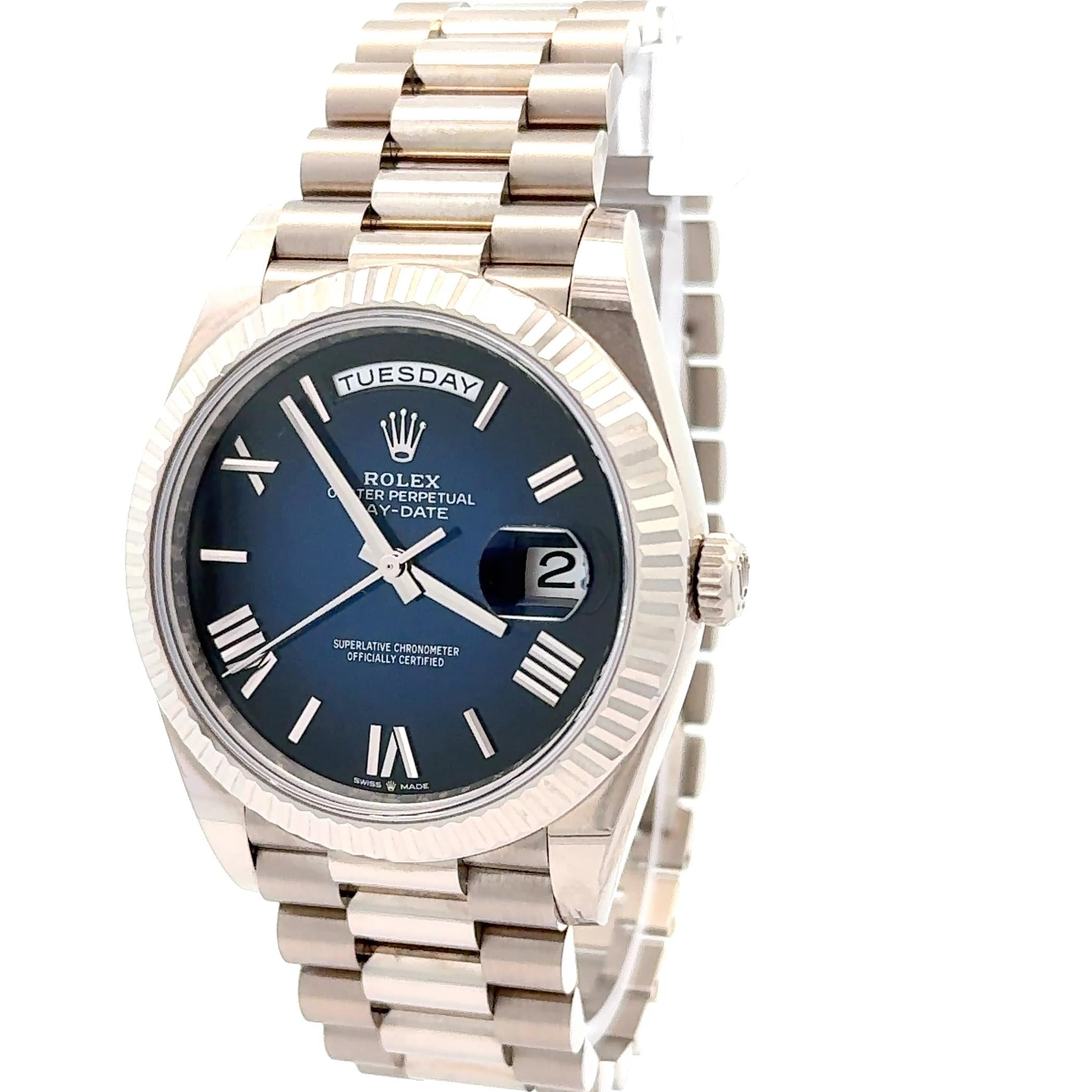 Rolex 2024 Day Date 228239 White Gold 40mm Blue Dial Watch w/ Box and Papers