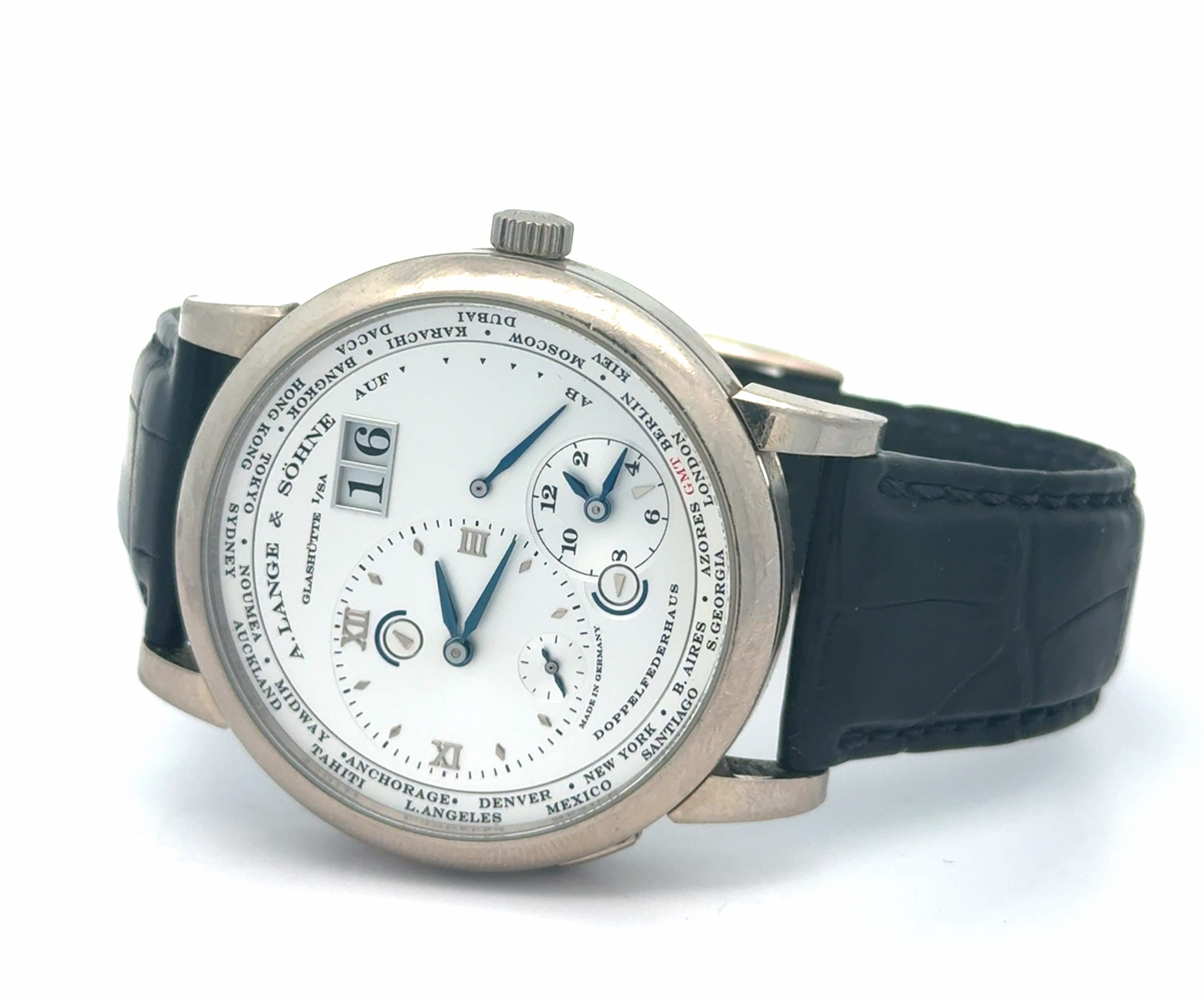 A. Lange & Sohne 2009 Lange 1 Time Zone 116.026 18k White Gold Watch w/ Booklets