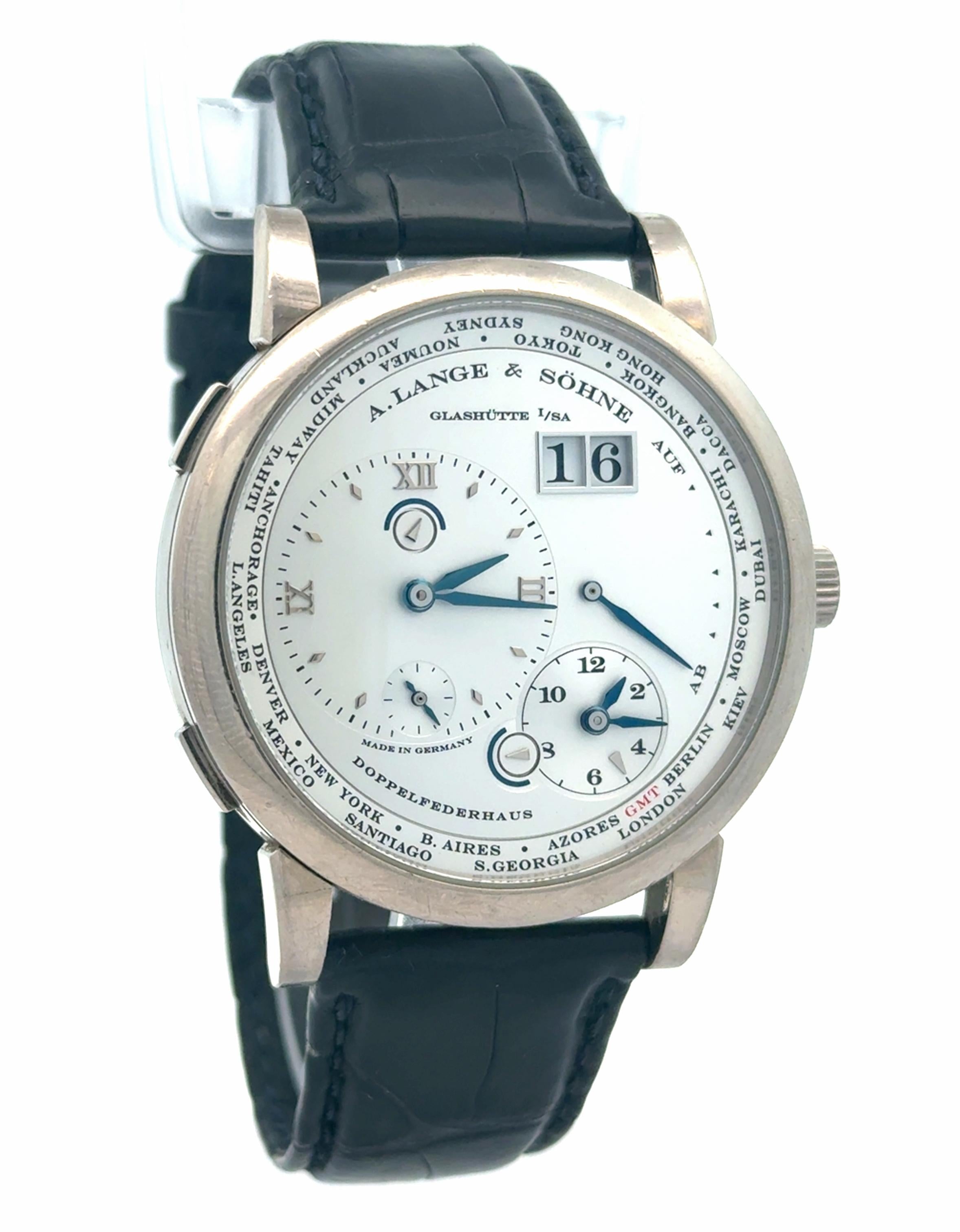 A. Lange & Sohne 2009 Lange 1 Time Zone 116.026 18k White Gold Watch w/ Booklets