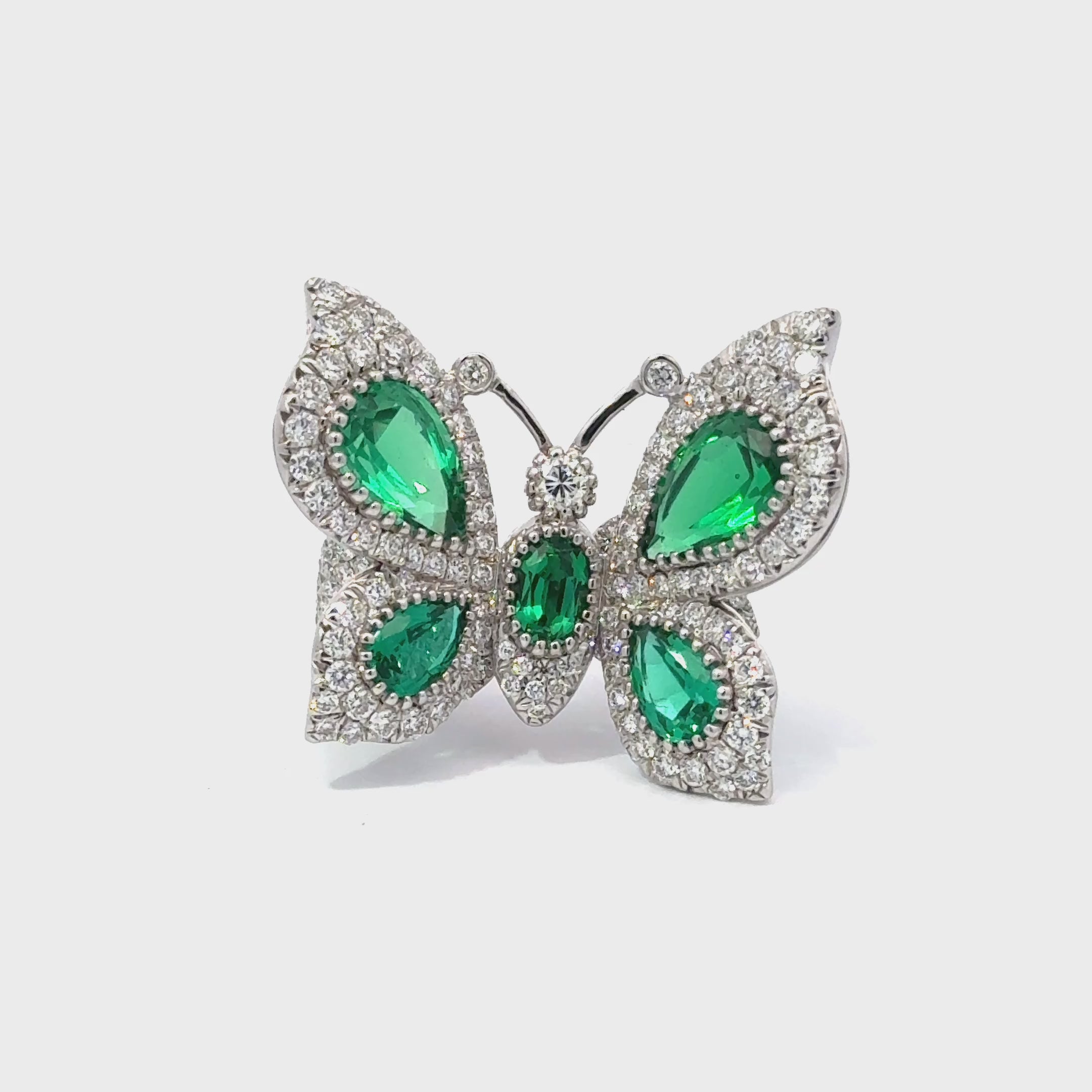 Yanush 18k White Gold 6.32ct Synthetic Emerald and 3.57ct Diamond Butterfly Ring